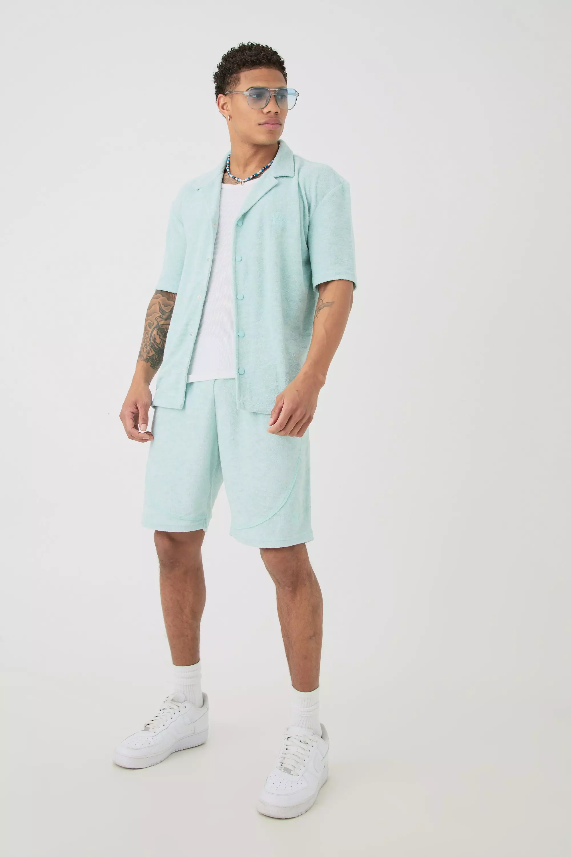 Drop Revere Towelling Embroidered Shirt And Short Set Pastel blue