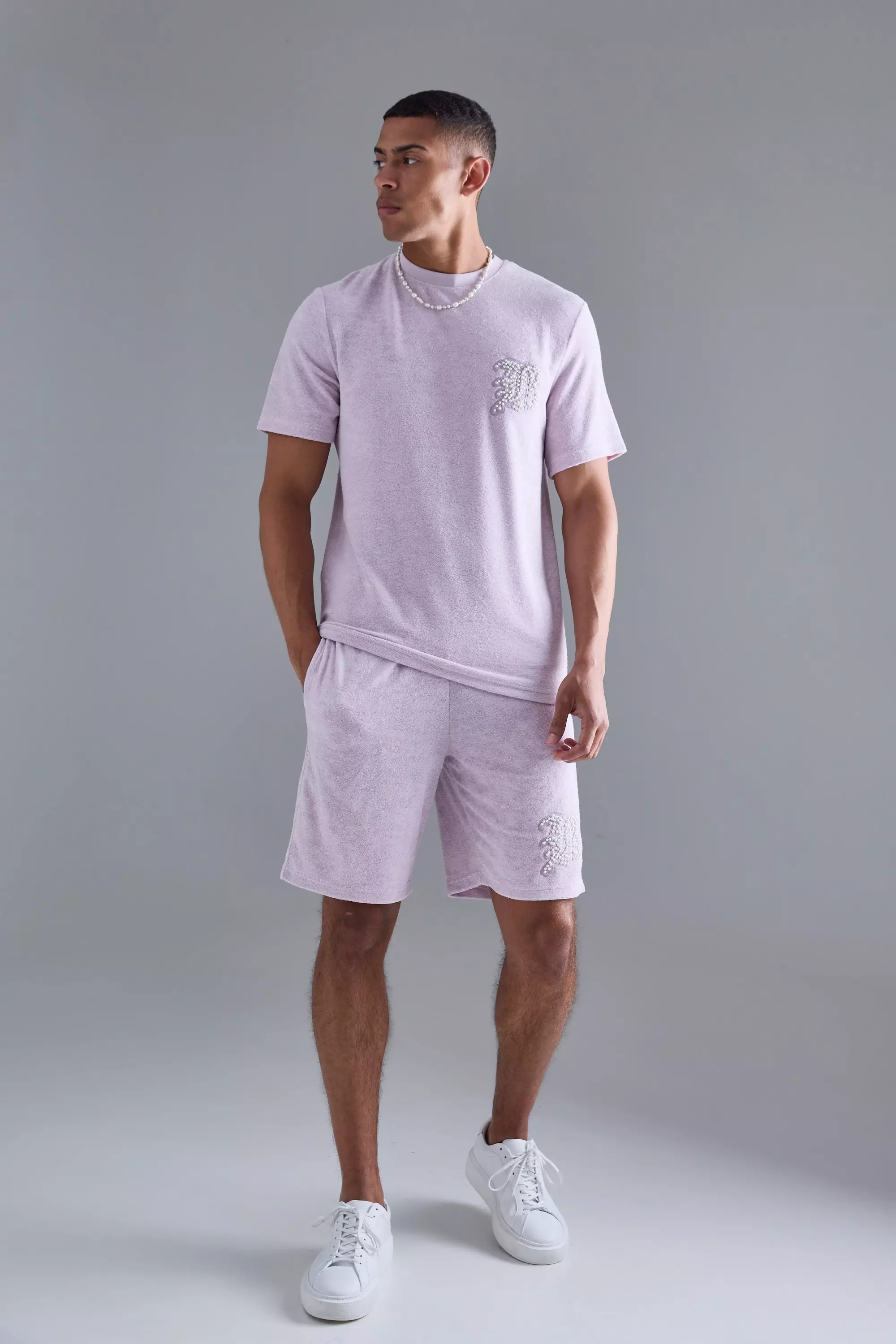 Regular Towelling Pearl Embroidered T-shirt And Short Set Lilac