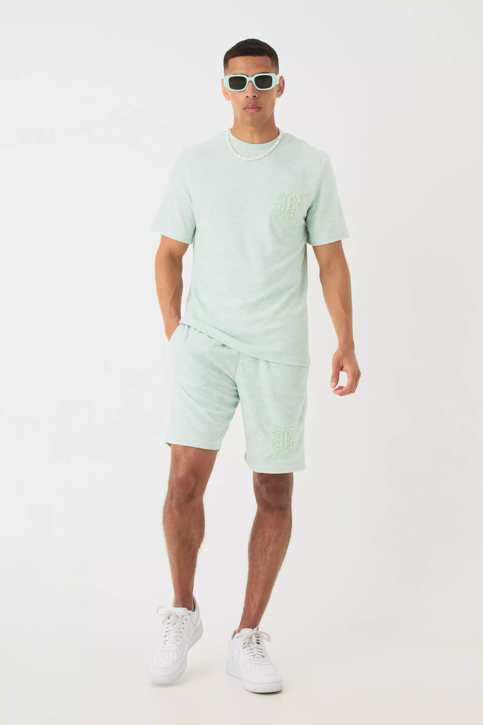 Regular Towelling Pearl Embroidered T-shirt And Short Set Sage