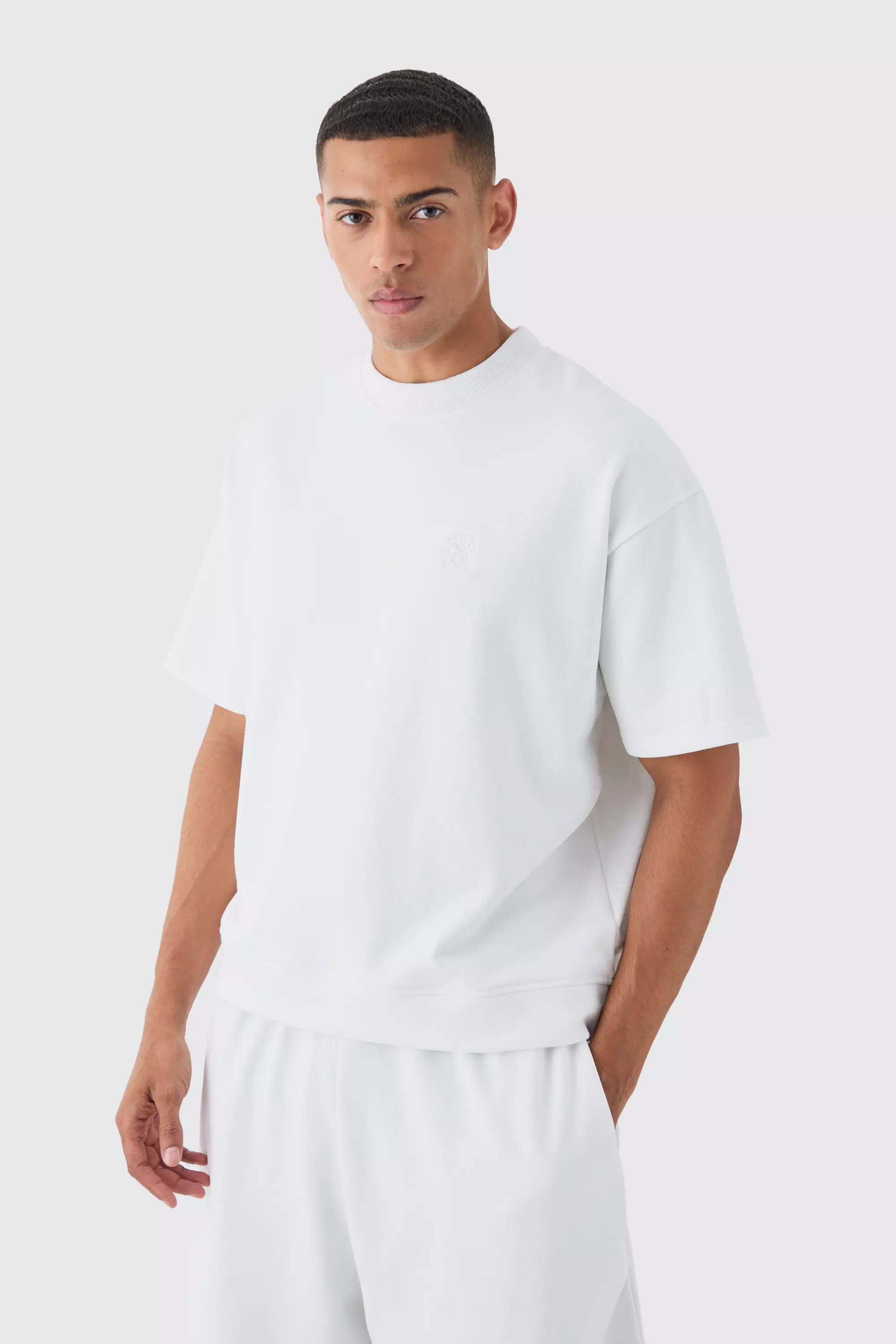 Oversized Boxy Loopback Embroidered Half Sleeve Sweatshirt White