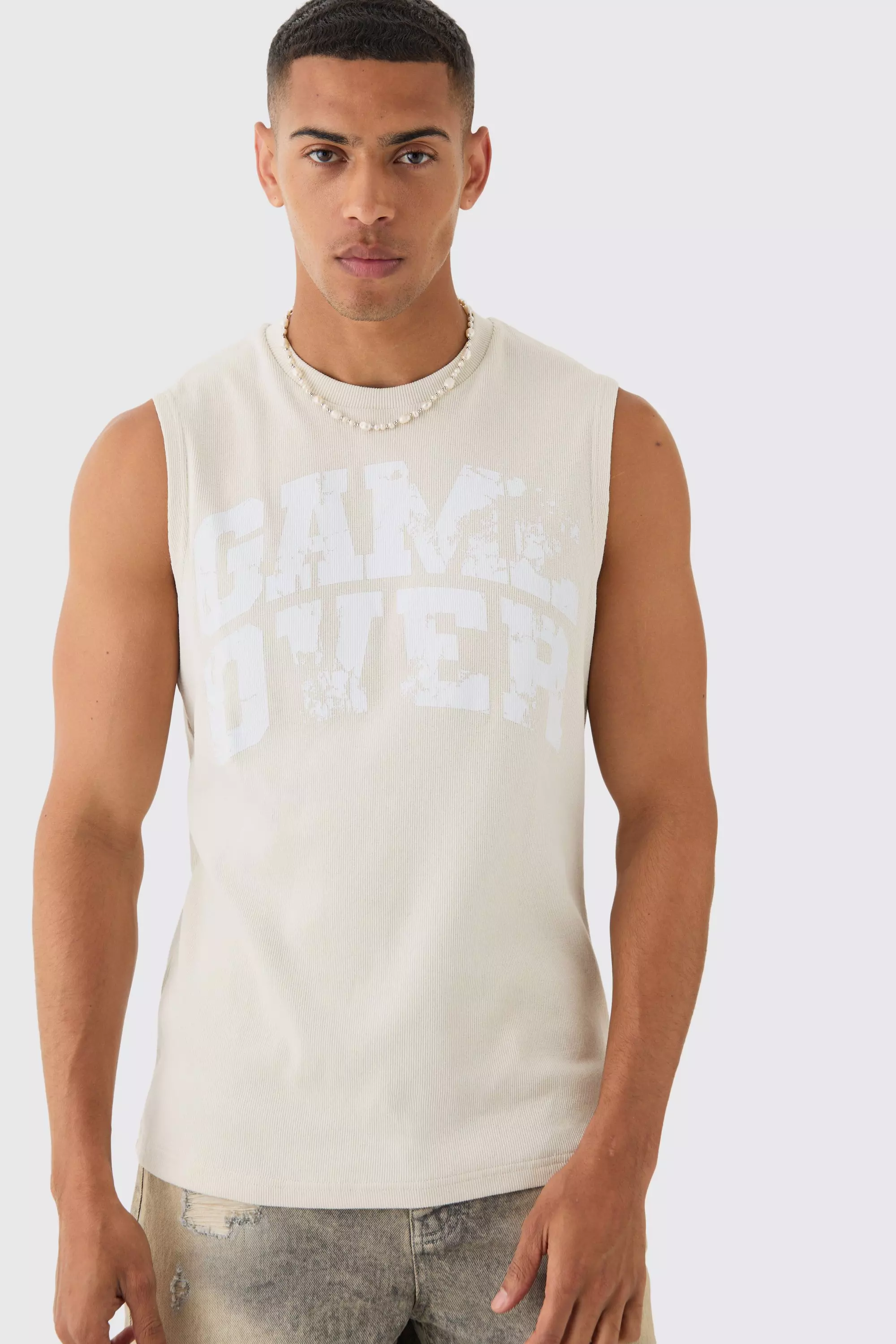 Game Over Printed Ribbed Tank Stone