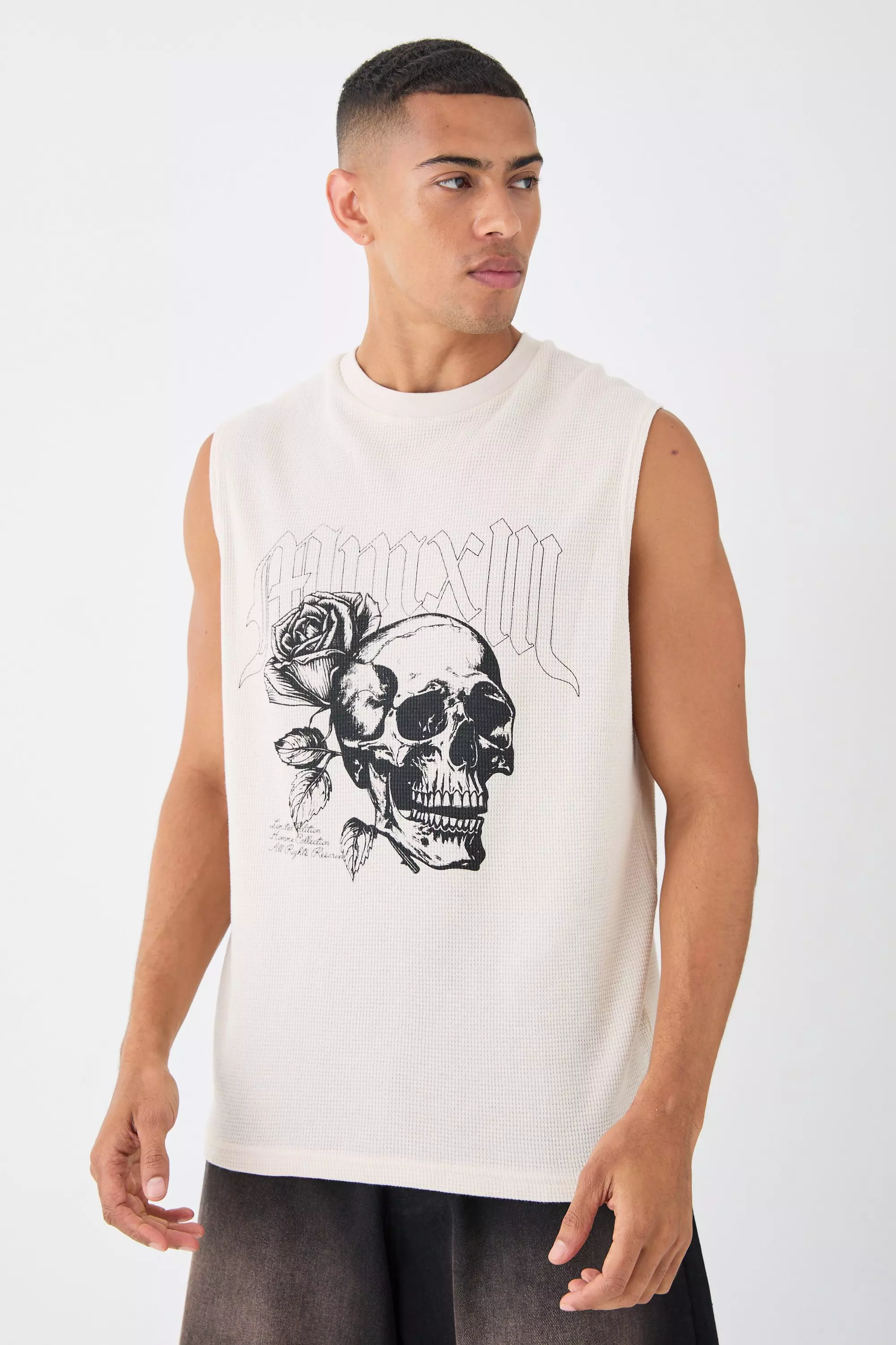 Gothic Renaissance Skull And Rose Waffle Printed Tank Stone