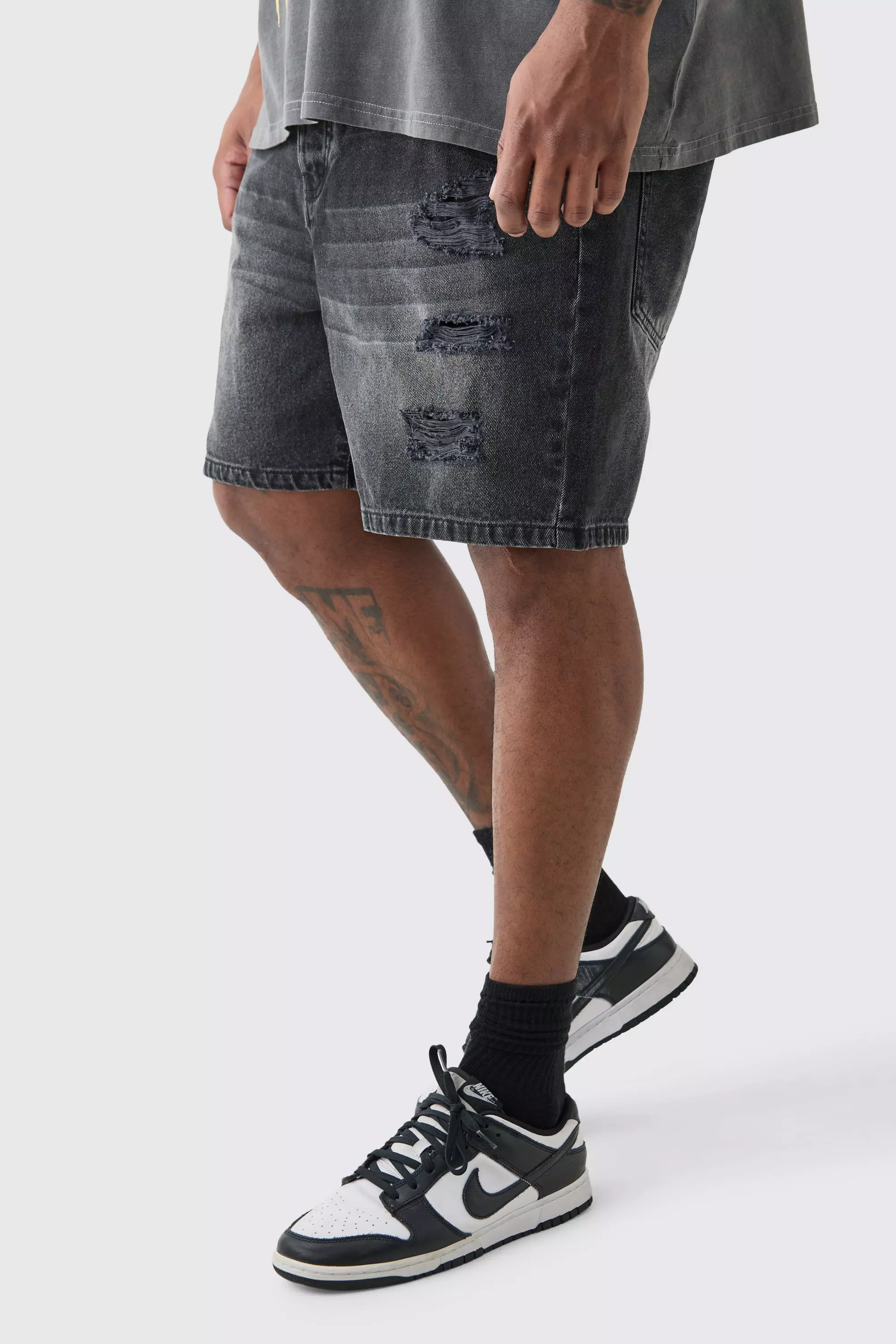 Grey Plus Slim Fit Distressed Denim Shorts In Washed Black