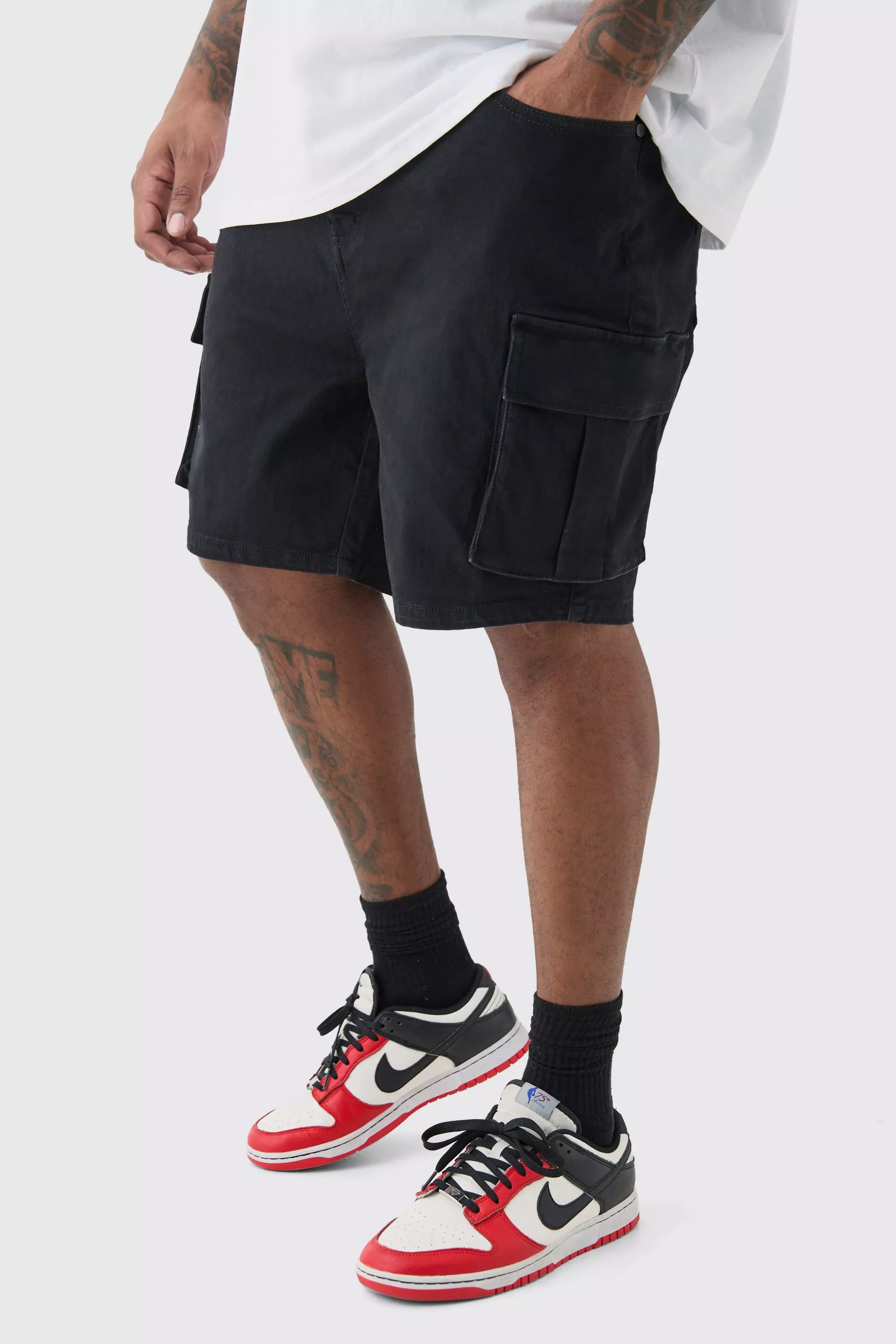 Plus Skinny Stretch Cargo Denim Shorts In Black True black