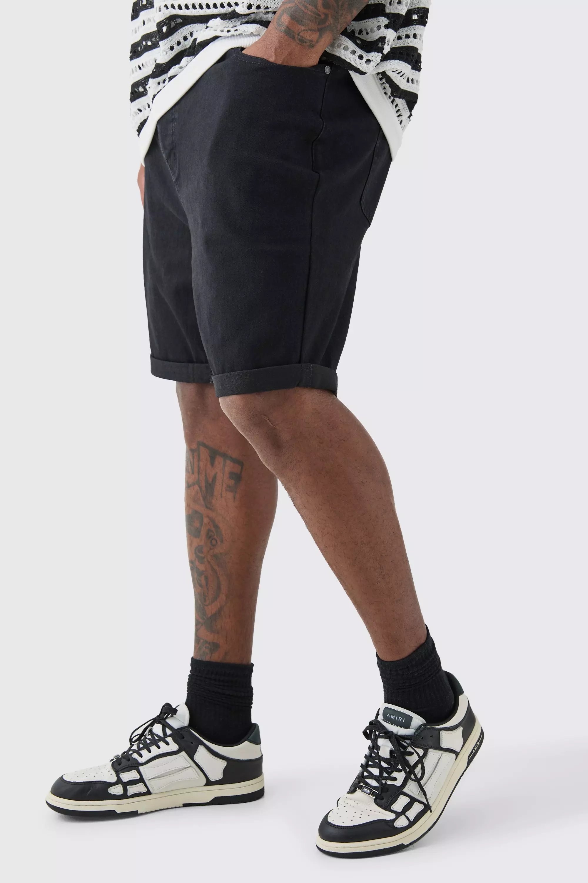 Black Plus Strech Denim Skinny Fit Shorts In Black