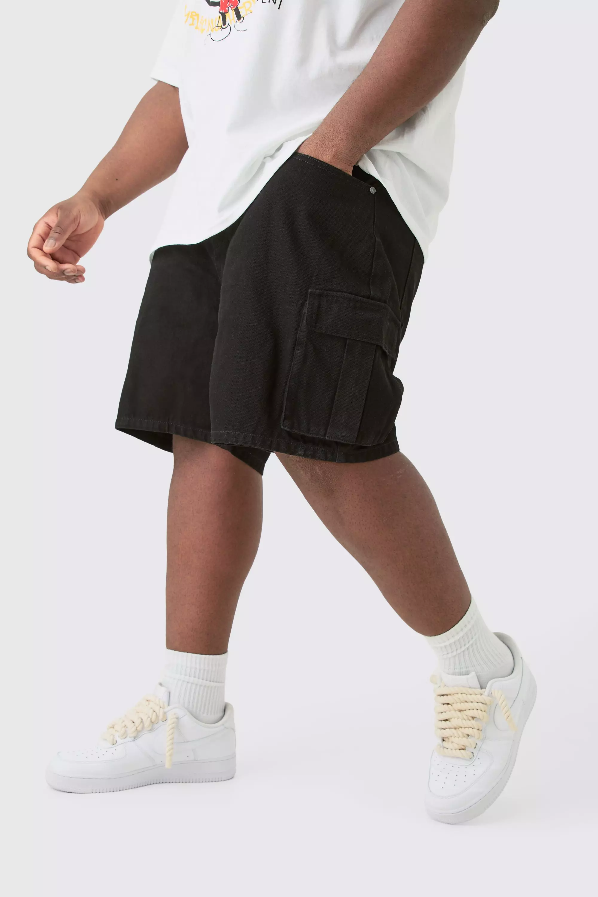 Black Plus Rigid Denim Relaxed Fit Cargo Shorts In Black
