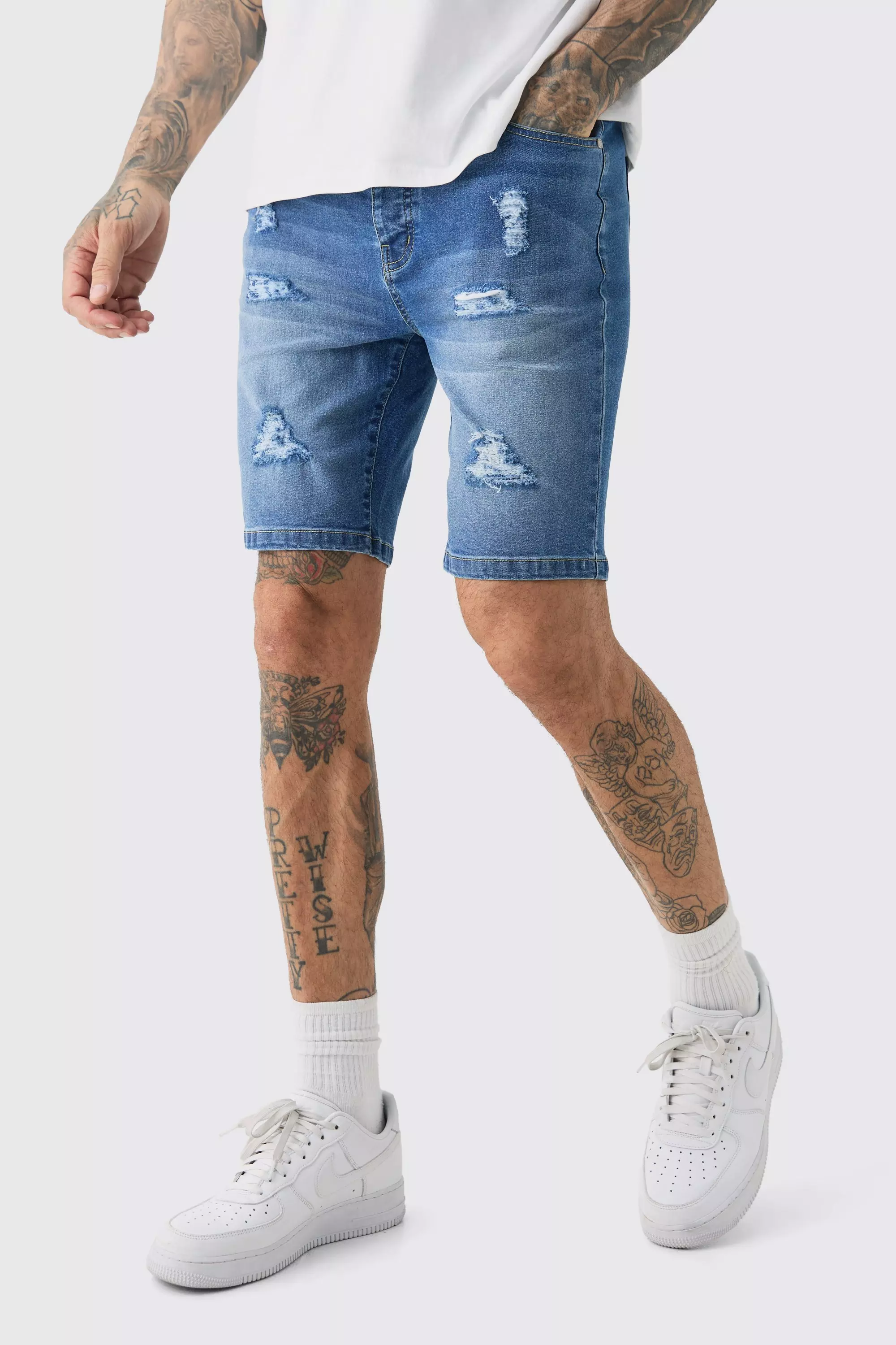 Grey Tall Stretch Denim Distressed Skinny Fit Shorts In Mid Wash