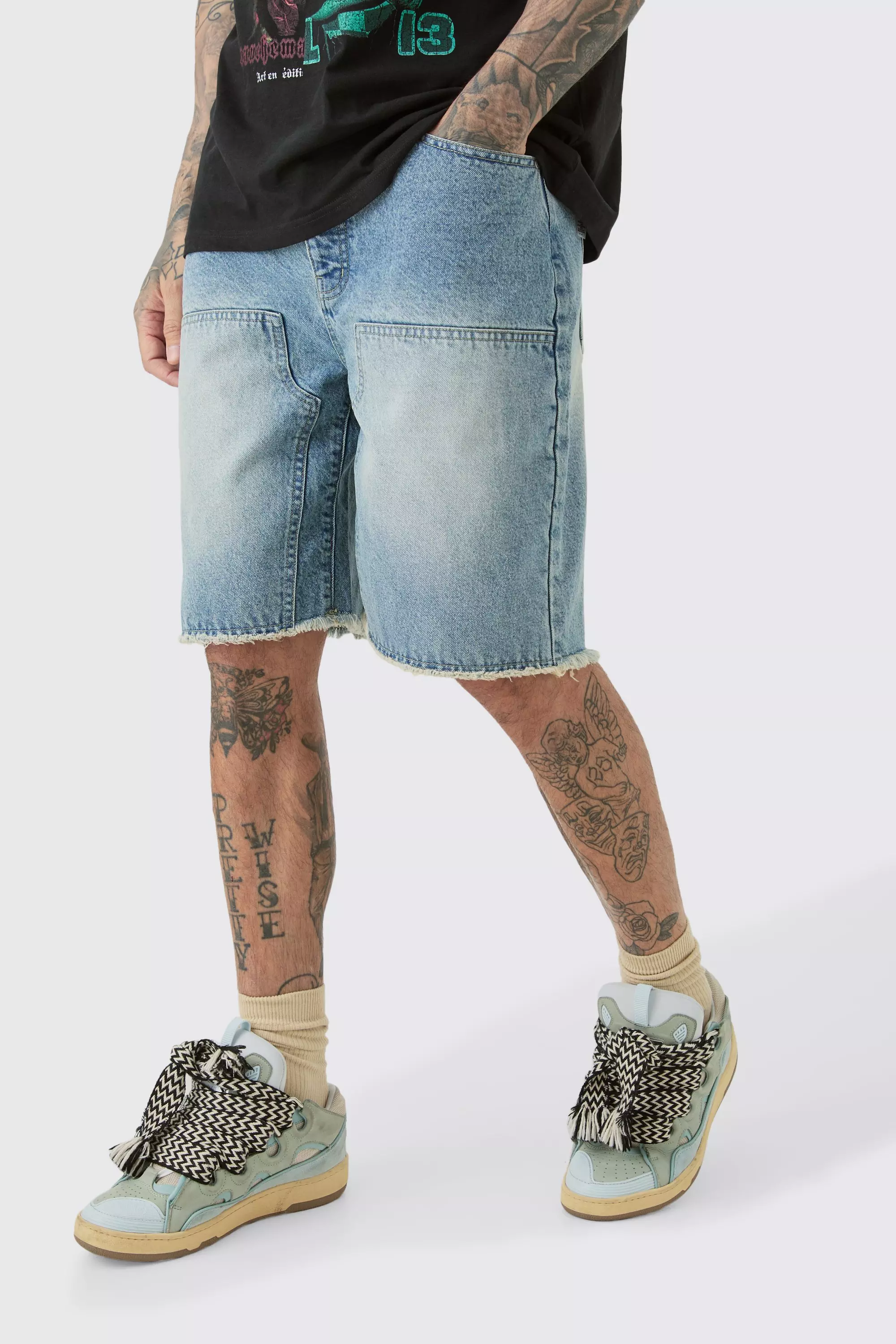 Tall Raw Hem Rigid Denim Carpenter Shorts In Light Wash Light wash