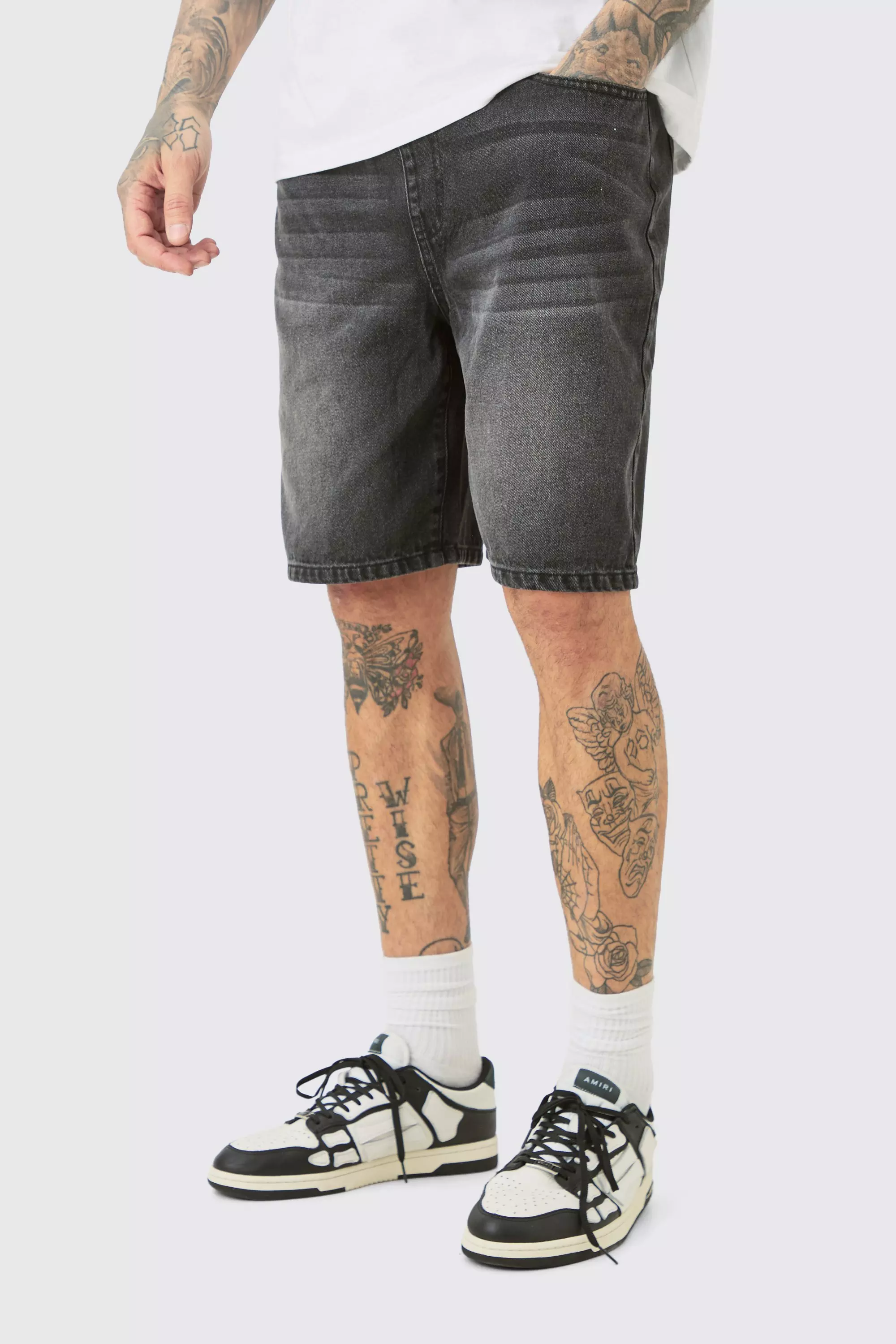 Grey Tall Elasticated Waist Relaxed Fit Denim Shorts In Washed Black