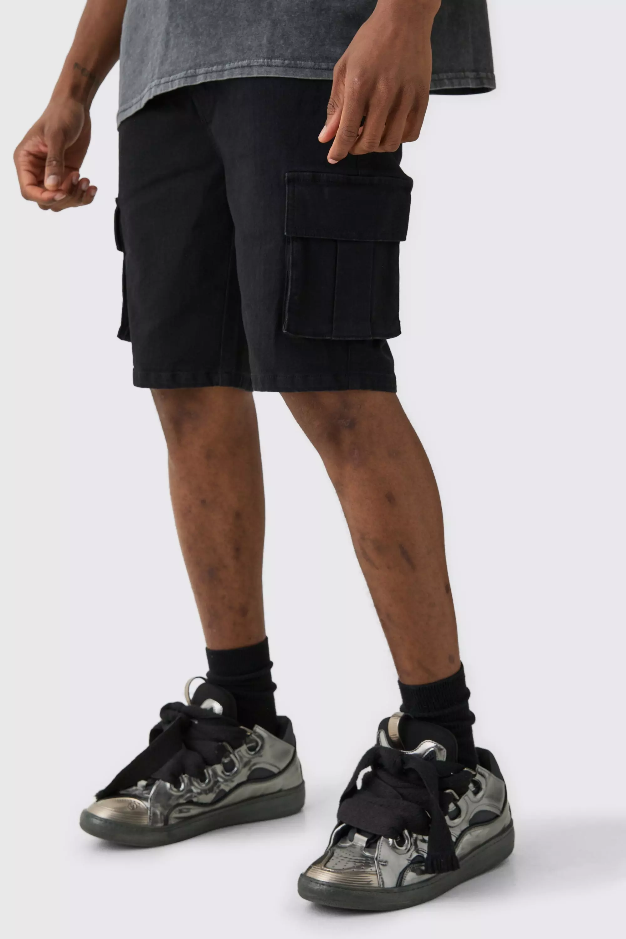 Tall Skinny Stretch Cargo Denim Shorts In Black True black