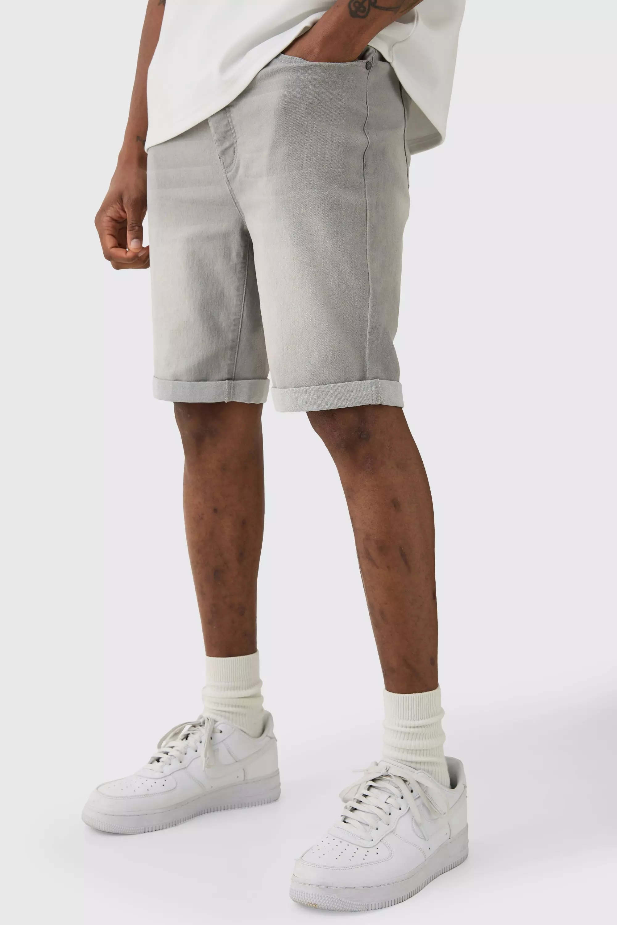 Grey Tall Stretch Denim Skinny Fit Shorts In Light Grey