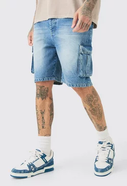 Tall Rigid Denim Relaxed Fit Cargo Shorts In Mid Wash mid wash