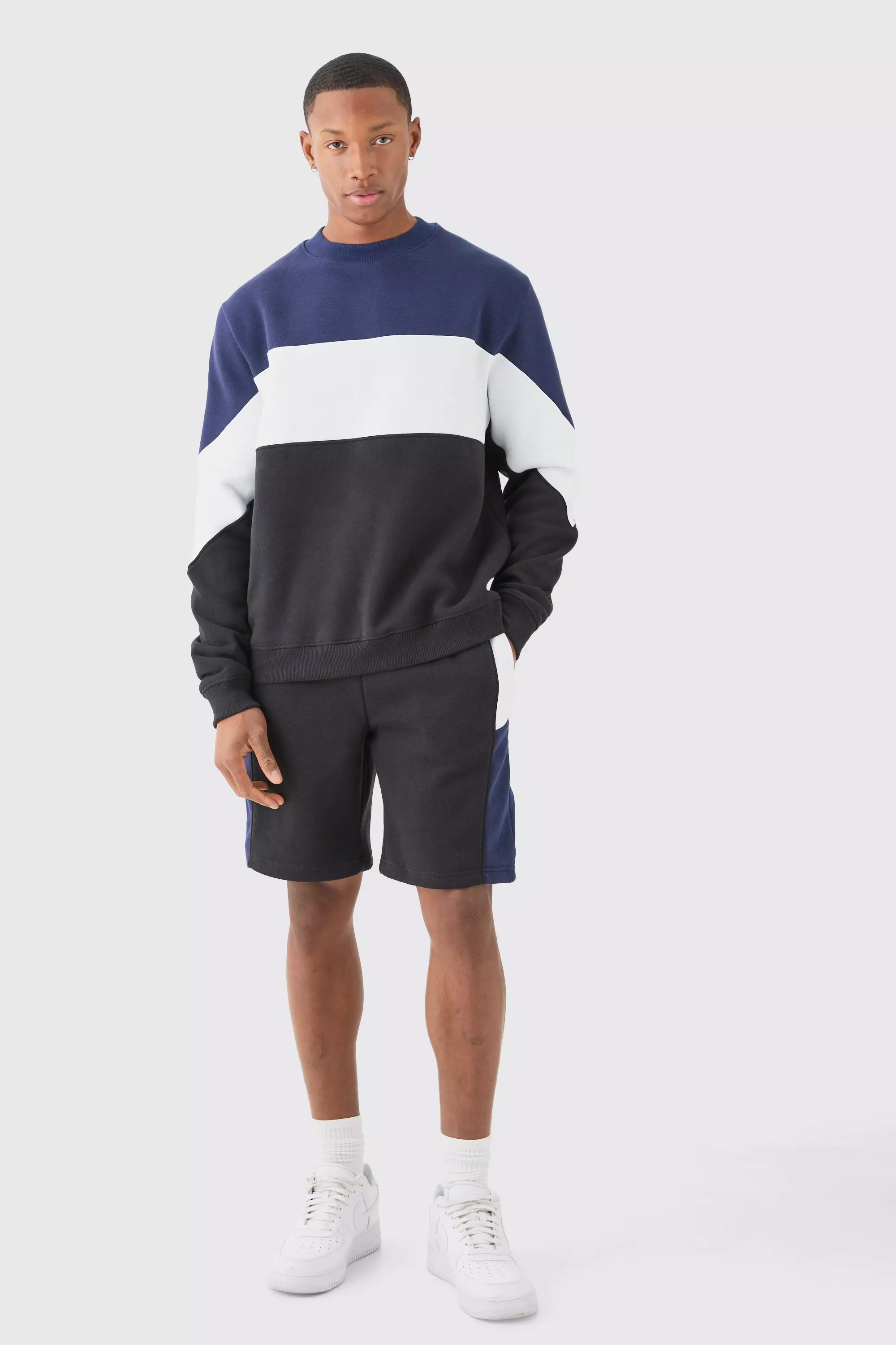 Navy Colour Block Sweatshirt Short Tracksuit