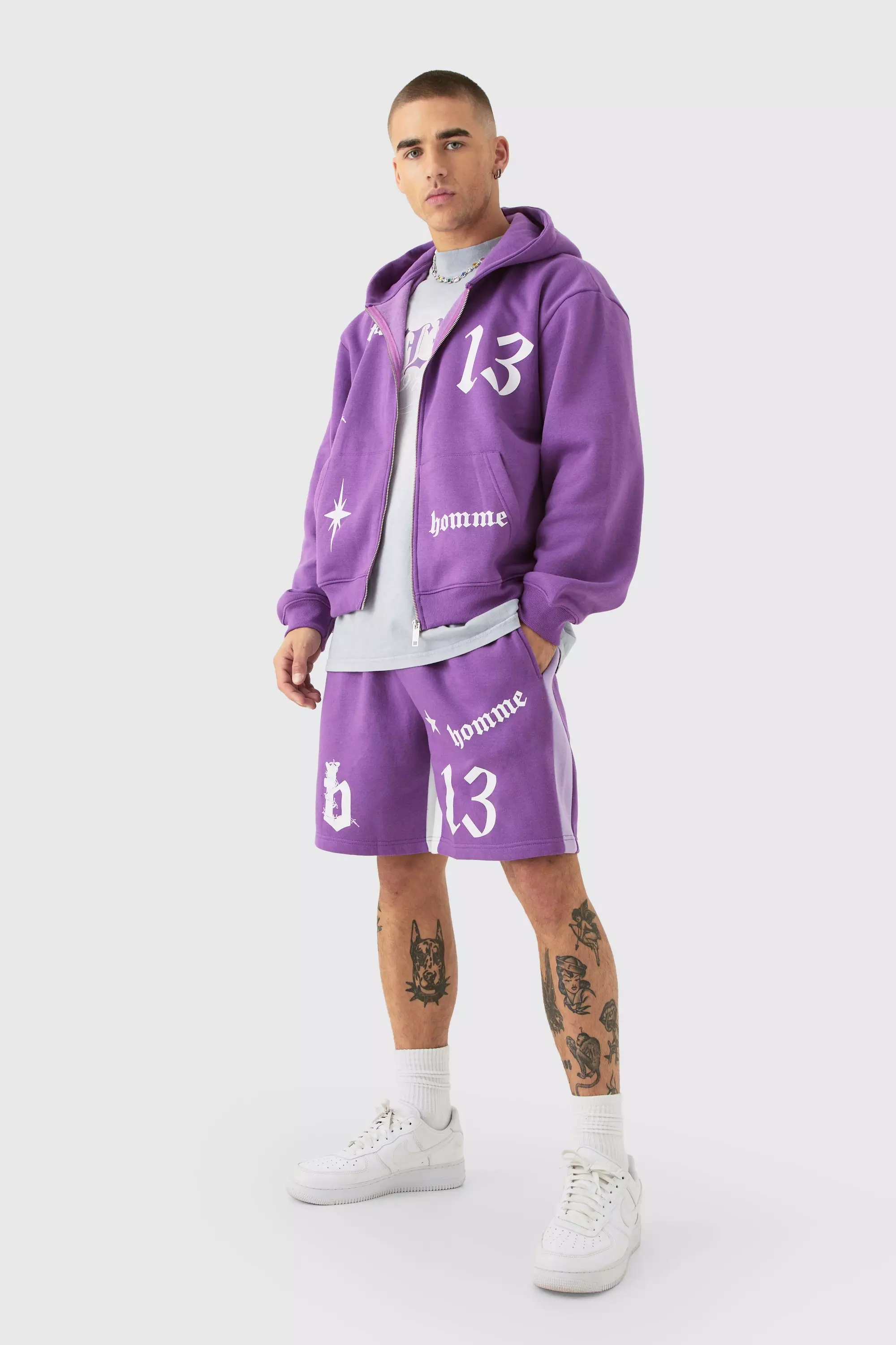 Purple Oversized Boxy Hooded Gusset Short Tracksuit