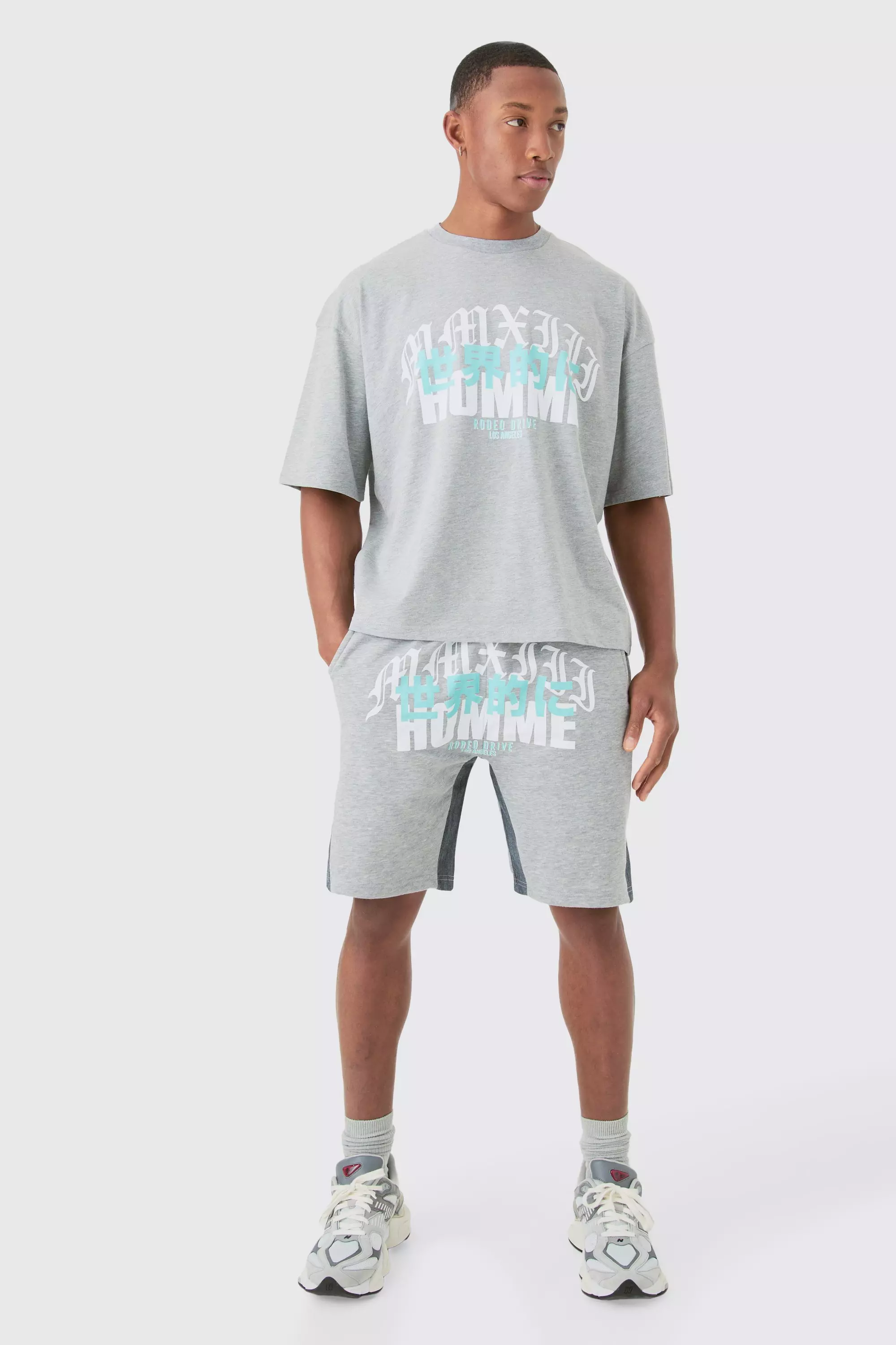 Homme Print Denim Gusset T-shirt And Short Set Grey