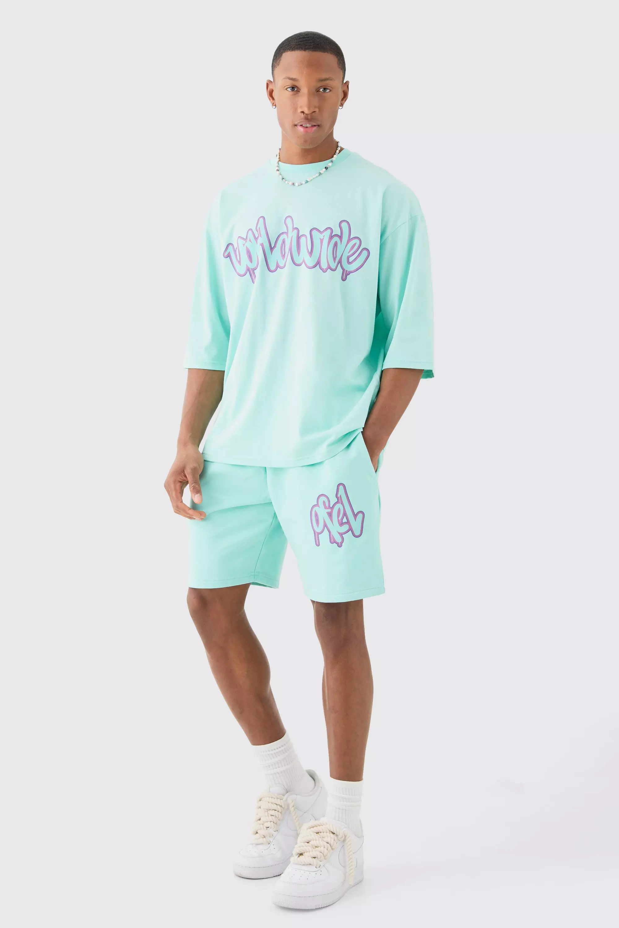 Aqua Blue Oversized Worldwide Half Sleeve T-shirt And Short Set