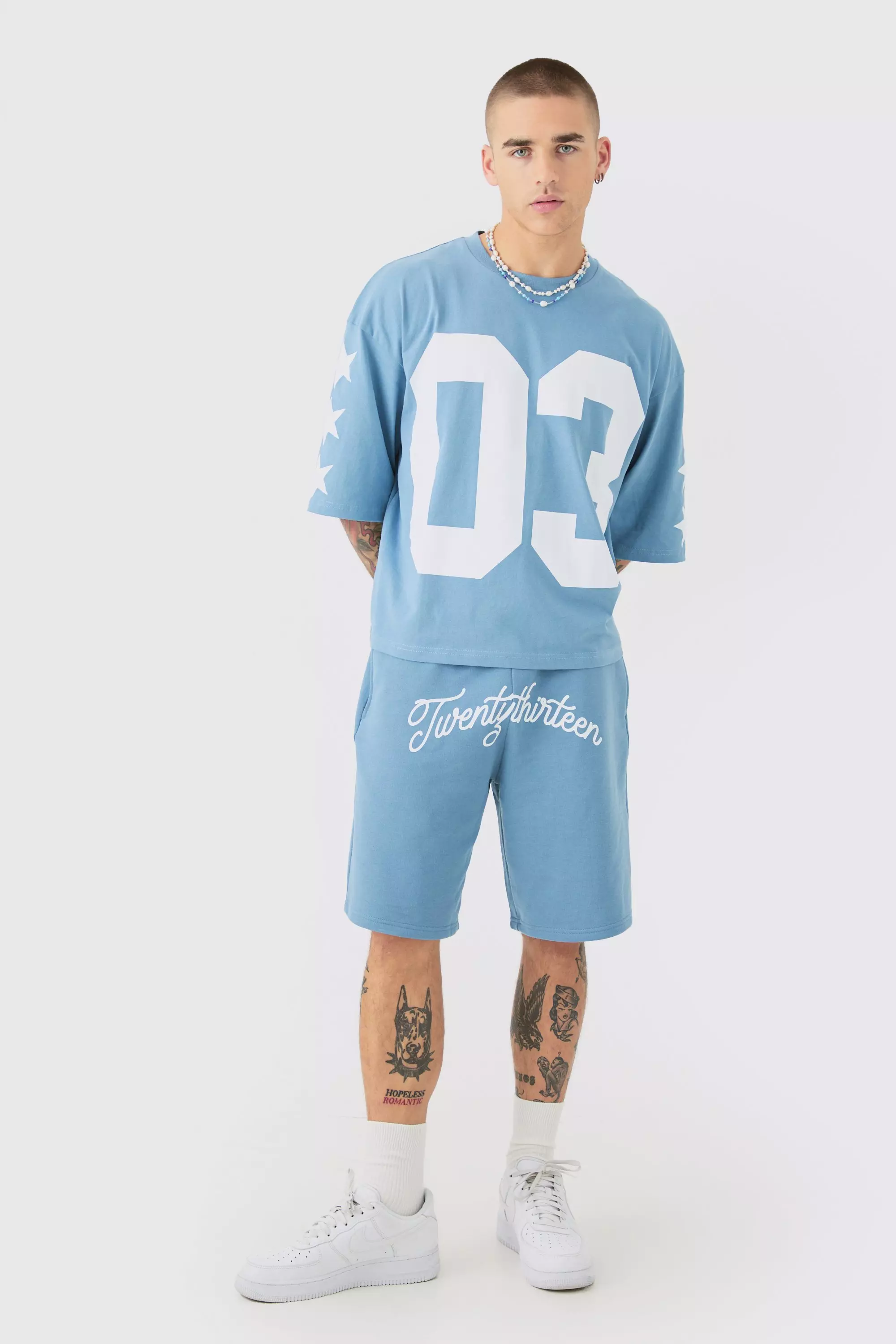 Blue Oversized Boxy Varsity Half Sleeve T-shirt & Short Set