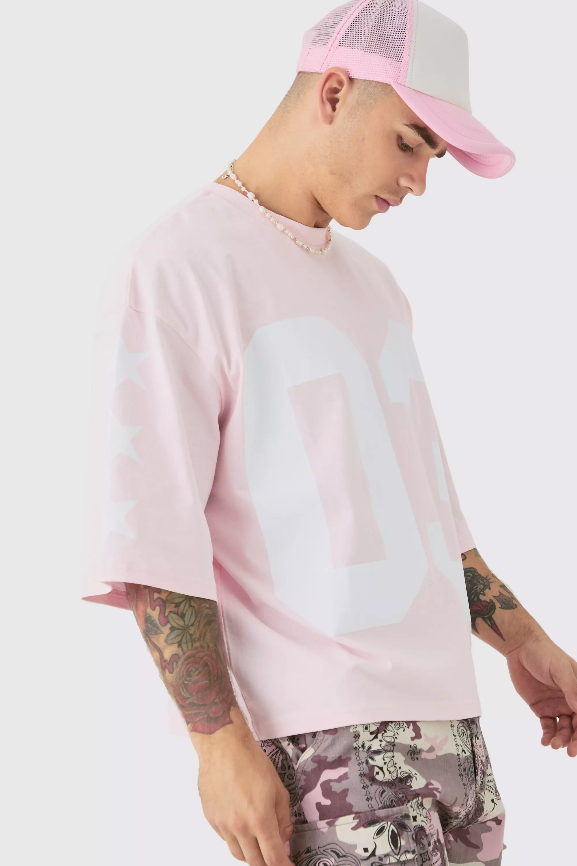 Pink Oversized Boxy Varsity Half Sleeve T-shirt