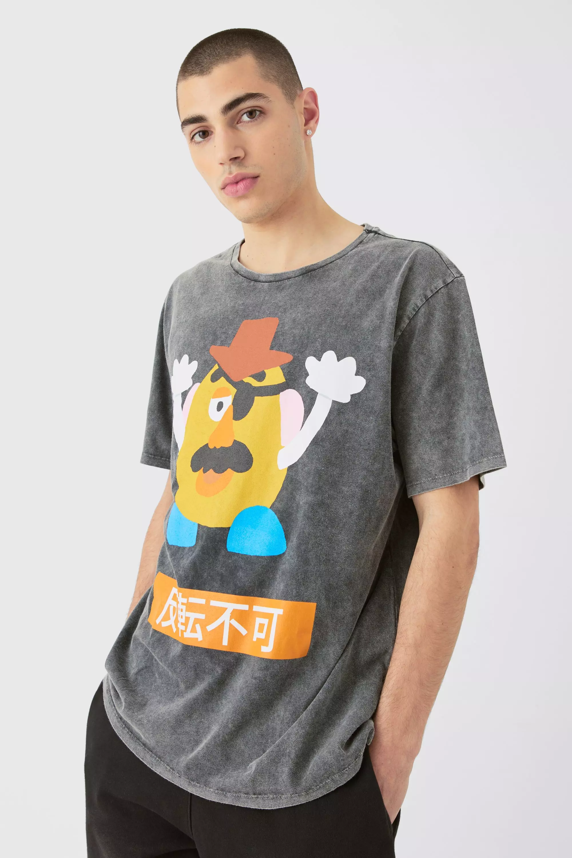 Oversized Disney Toy Story Anime Wash License T-shirt Charcoal