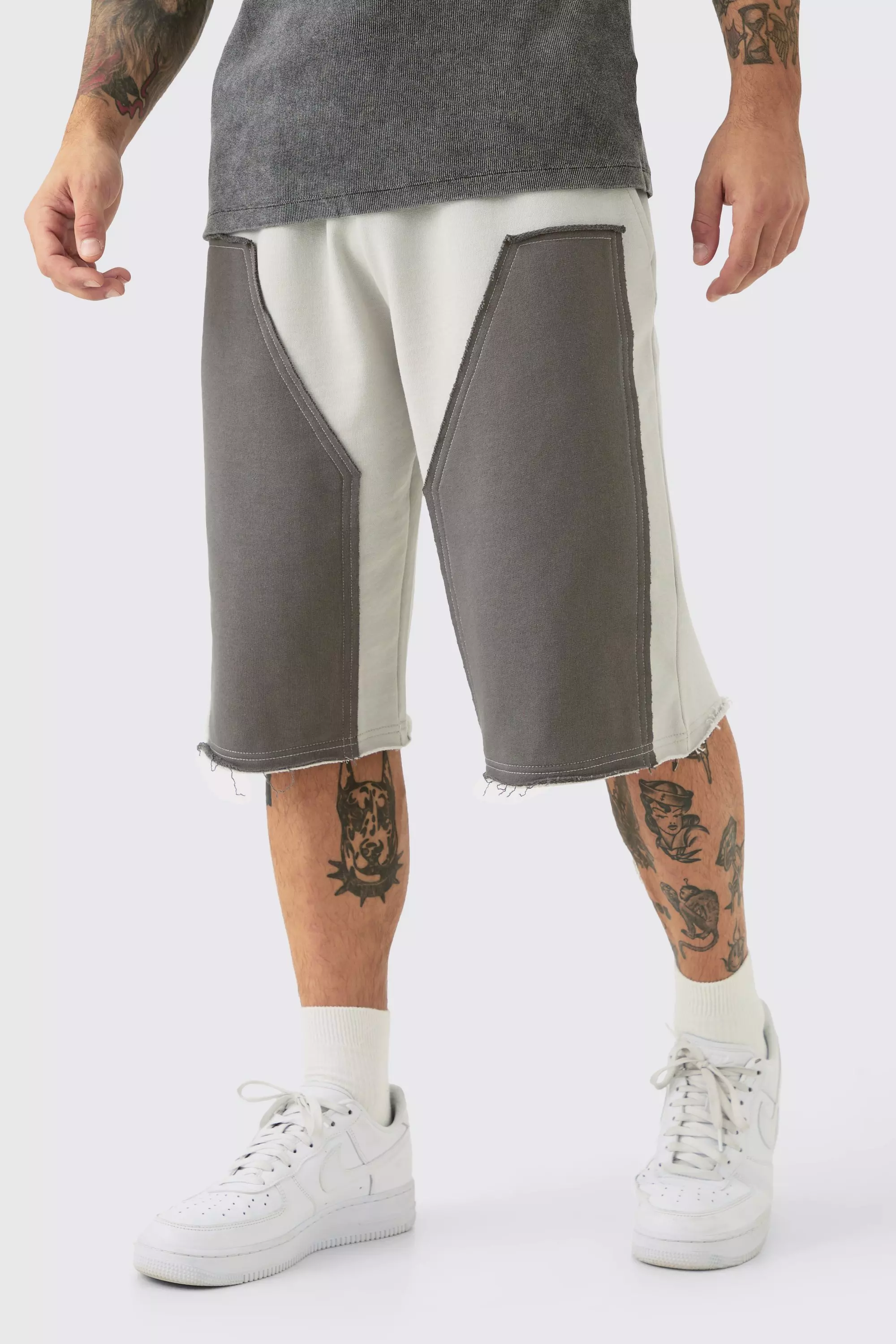 Grey Baggy Carpenter Panel Frayed Edge Applique Jorts