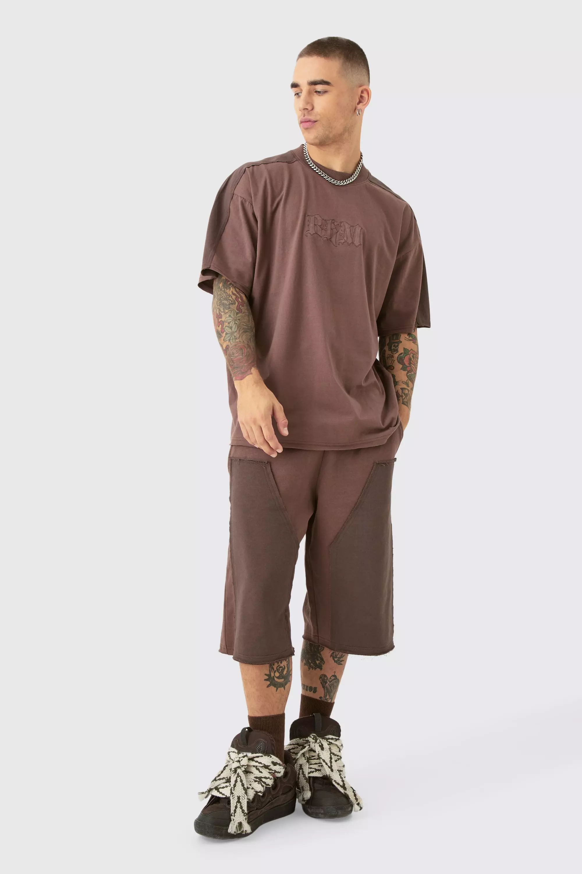 Chocolate Brown Oversized BHM Applique T-shirt & Carpenter Jort Set