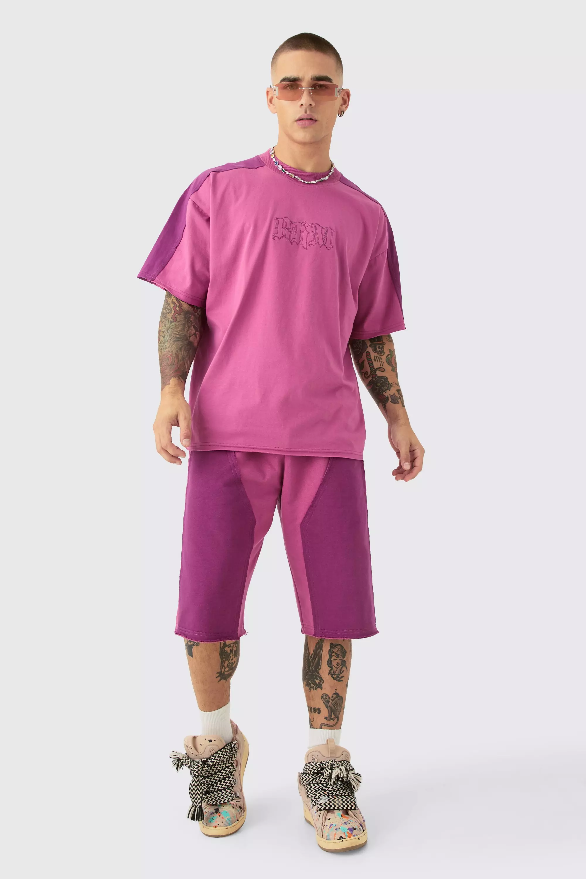 Pink Oversized Nibbled Applique Jort Set