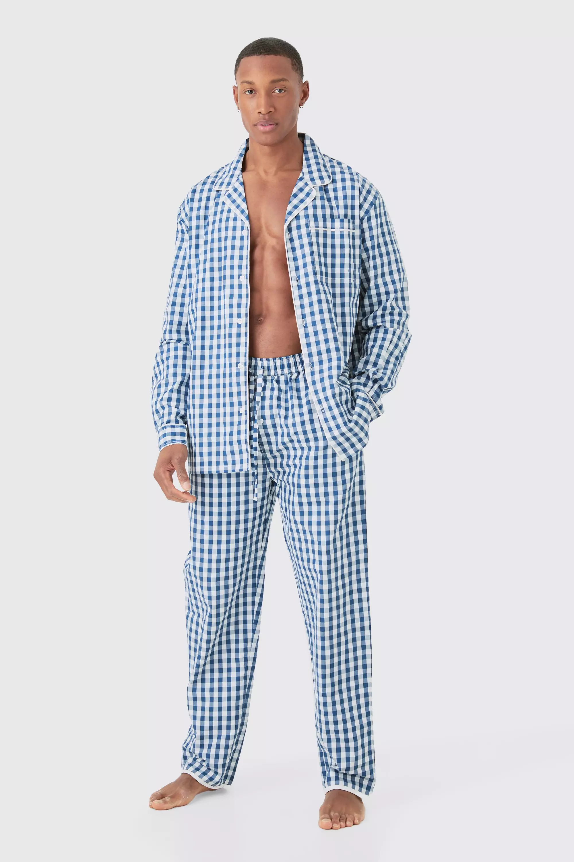 Blue Oversized Lounge Checked Shirt & Bottom Set