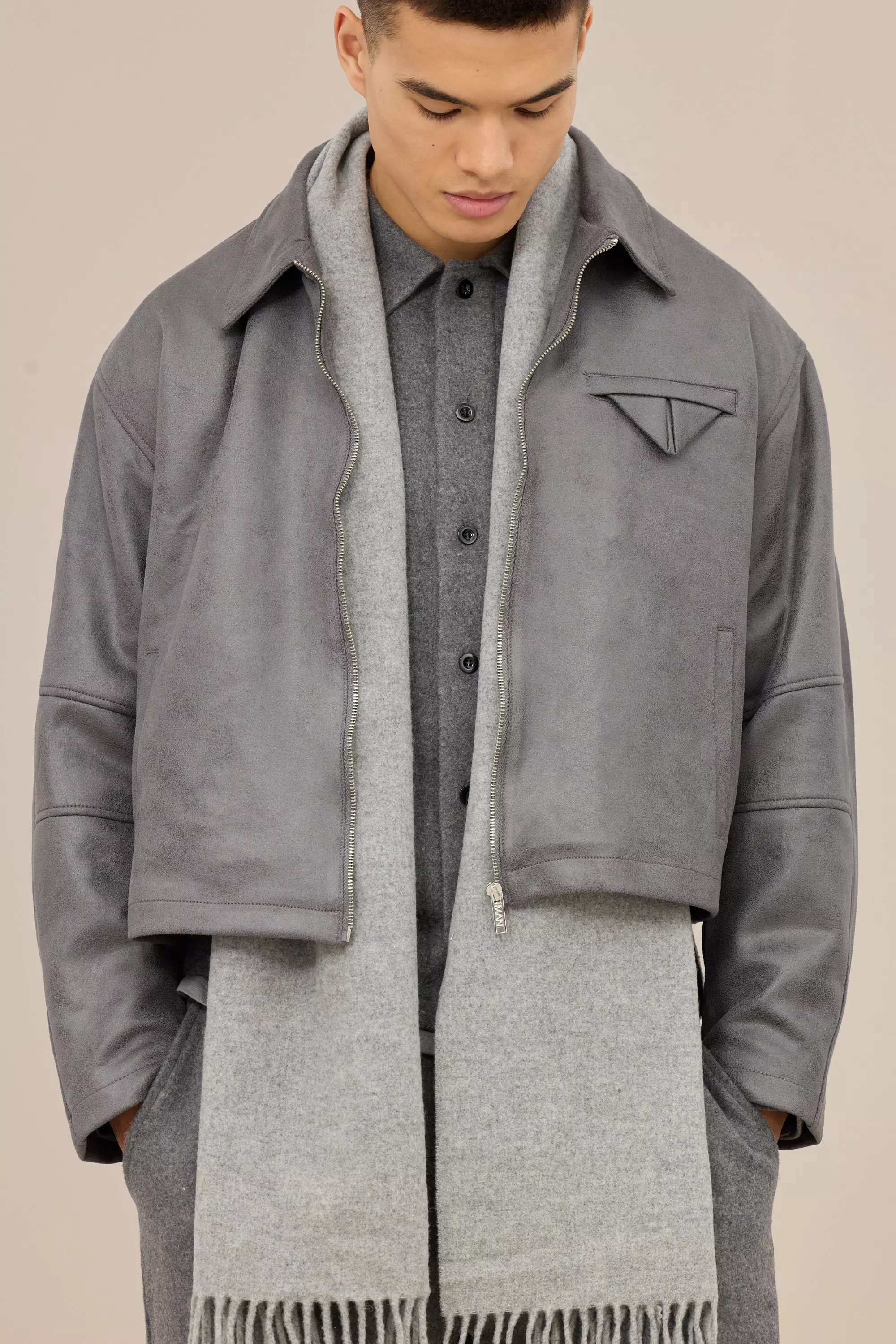 Grey Boxy Washed Collared Harrington Jacket In Grey