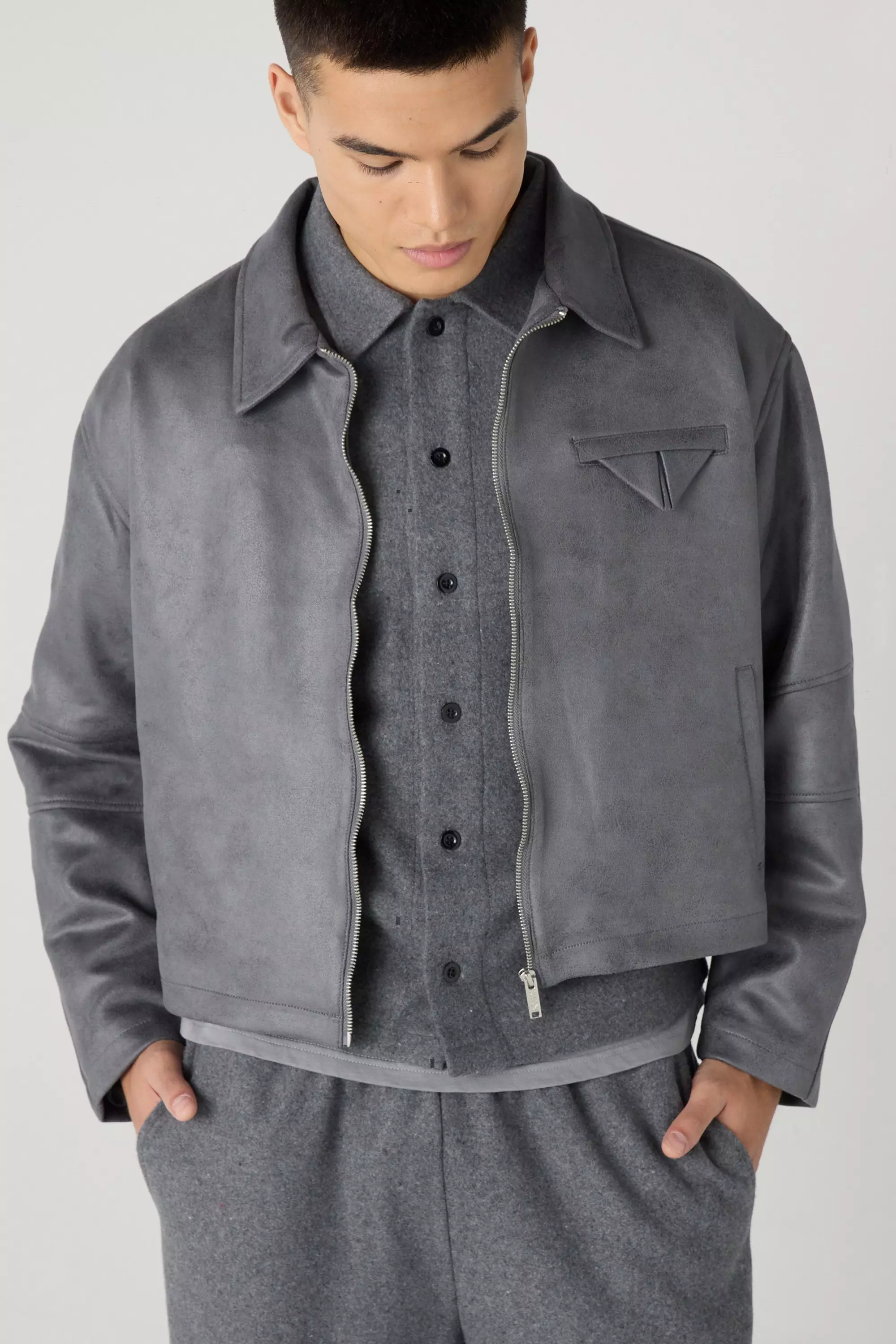 Boxy Washed Collared Harrington Jacket In Grey alternative image