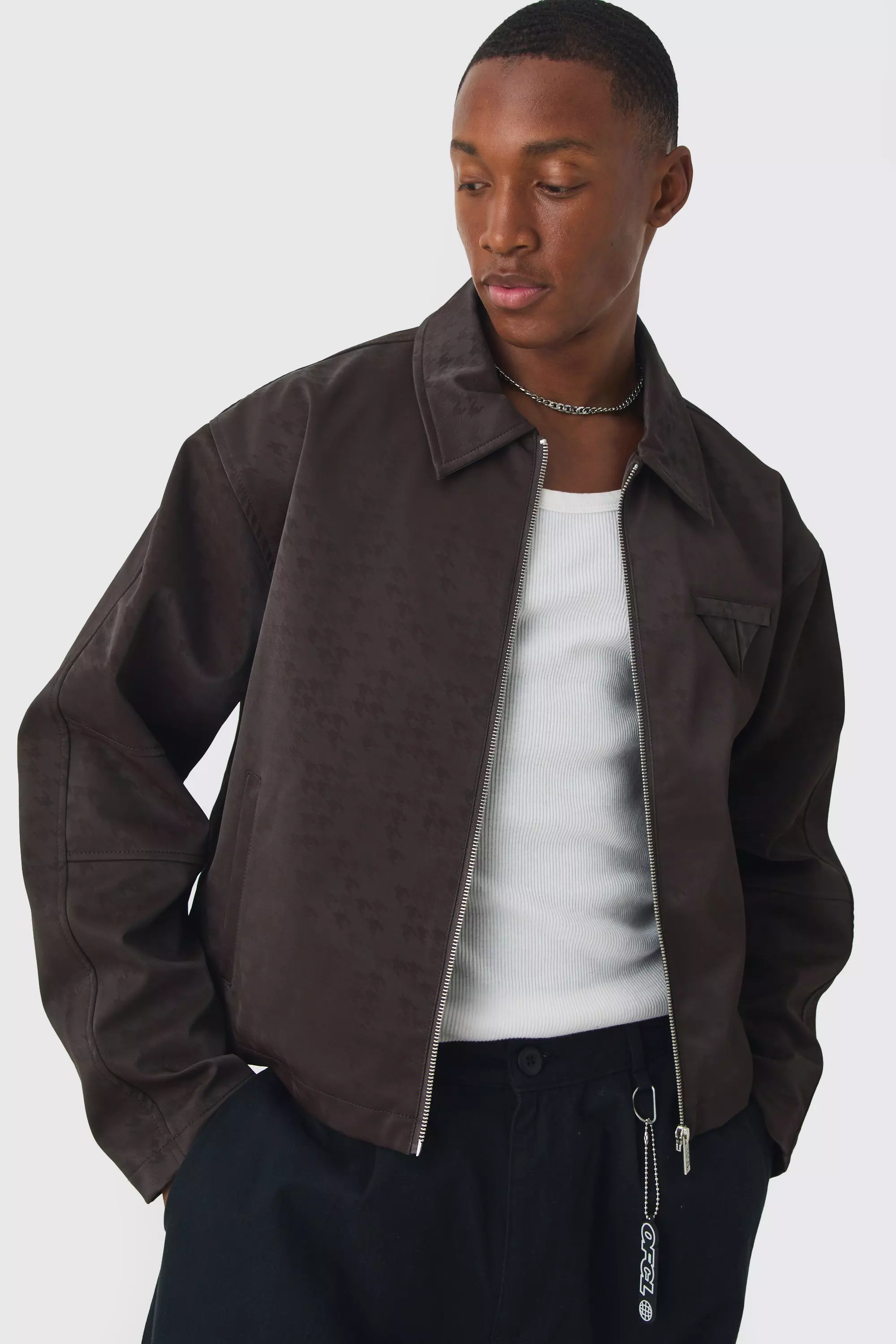 Boxy Satin PU Dogtooth Harrington Jacket In Chocolate Chocolate