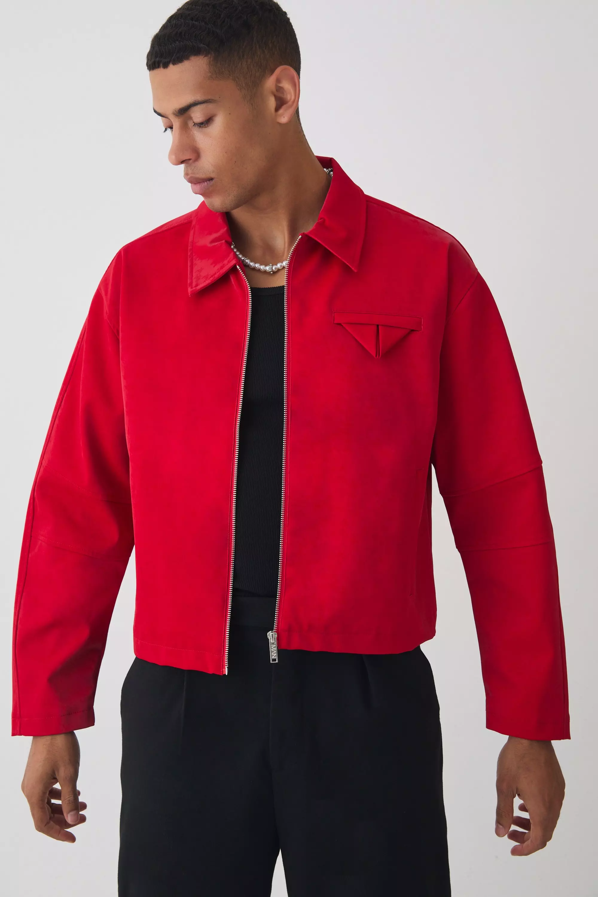 Boxy Satin PU Dogtooth Harrington Jacket In Red Red