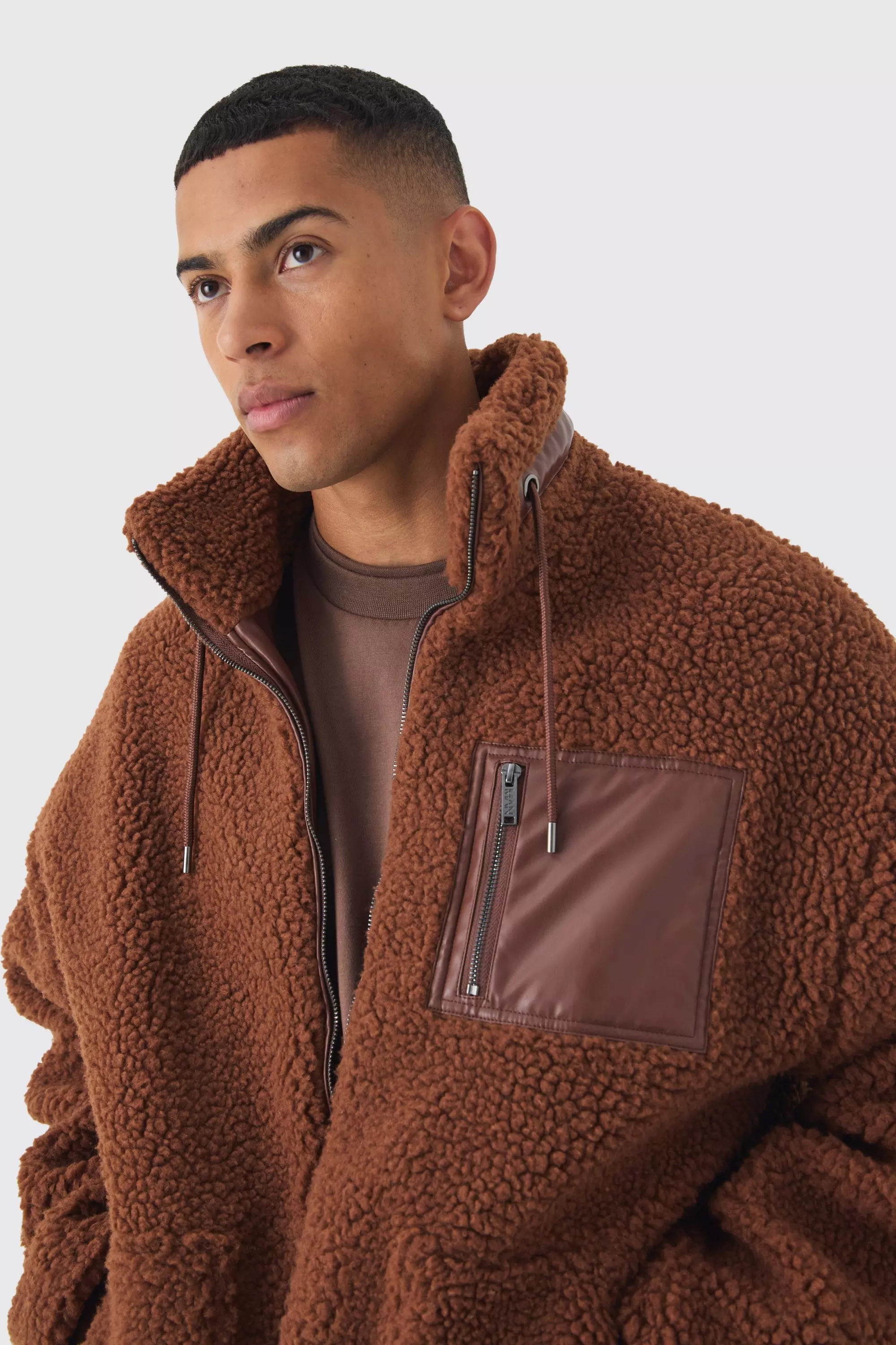 Borg Funnel Neck Pu Pocket Jacket In Tan boohooMAN USA
