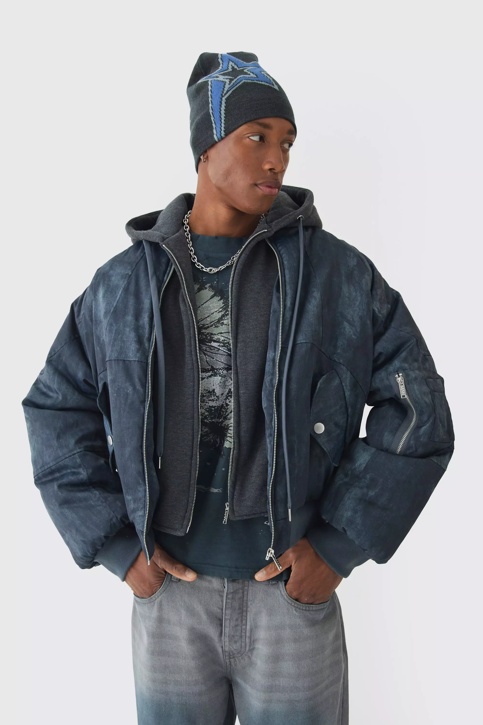 Boxy Washed Padded Hooded Bomber Black