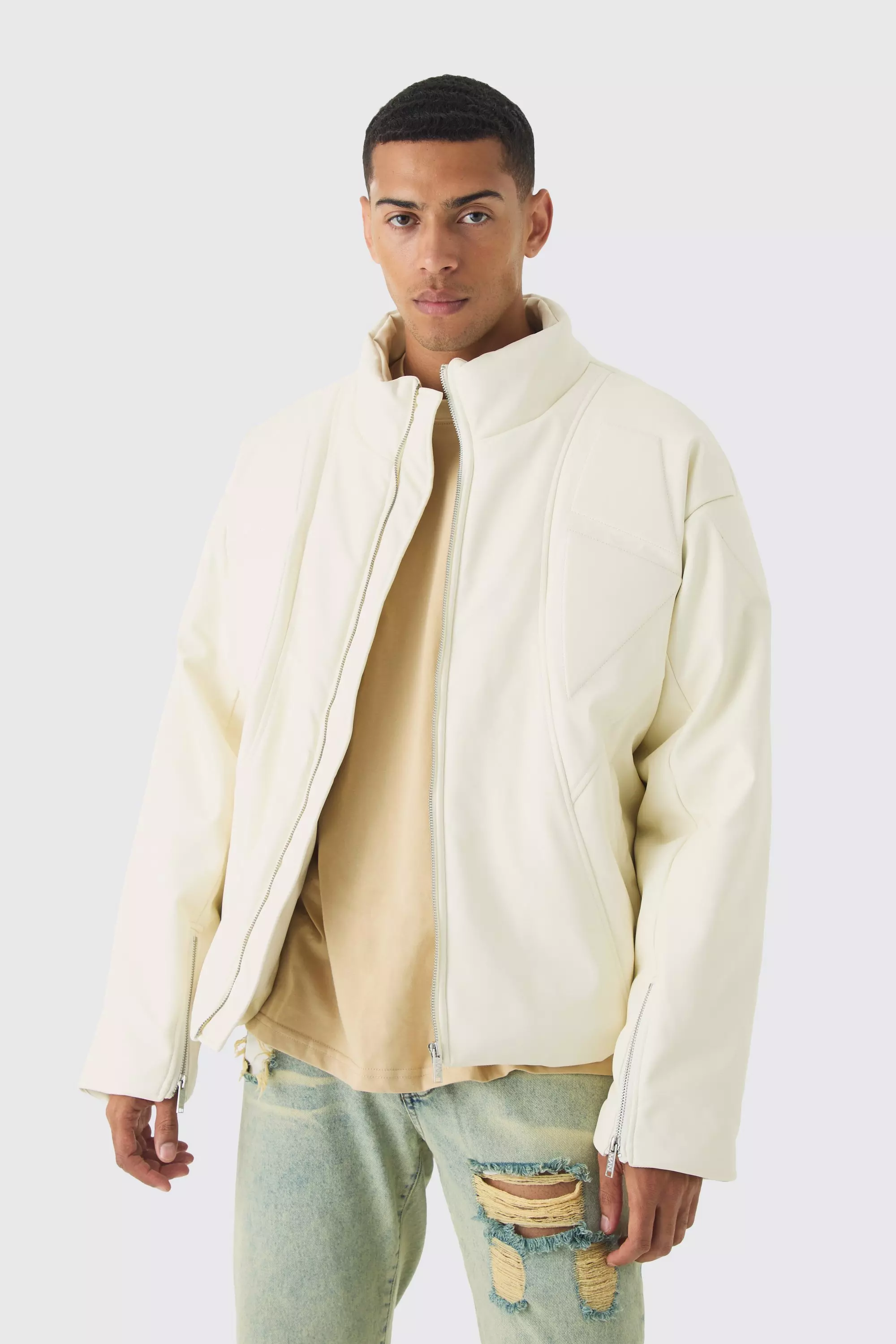 Boxy Padded Moto Panelled Jacket In Ecru Ecru