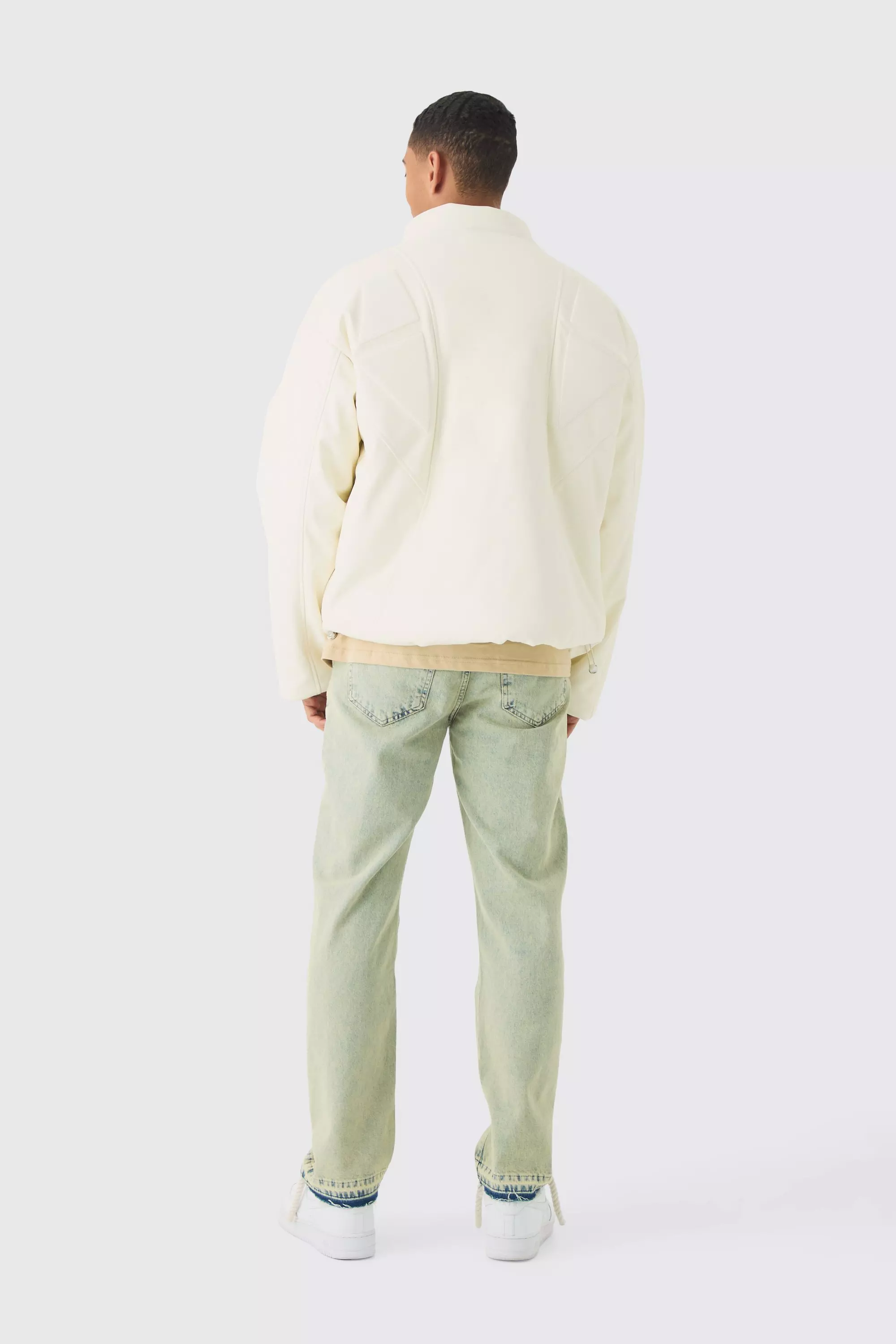 Boxy Padded Moto Panelled Jacket In Ecru alternative image