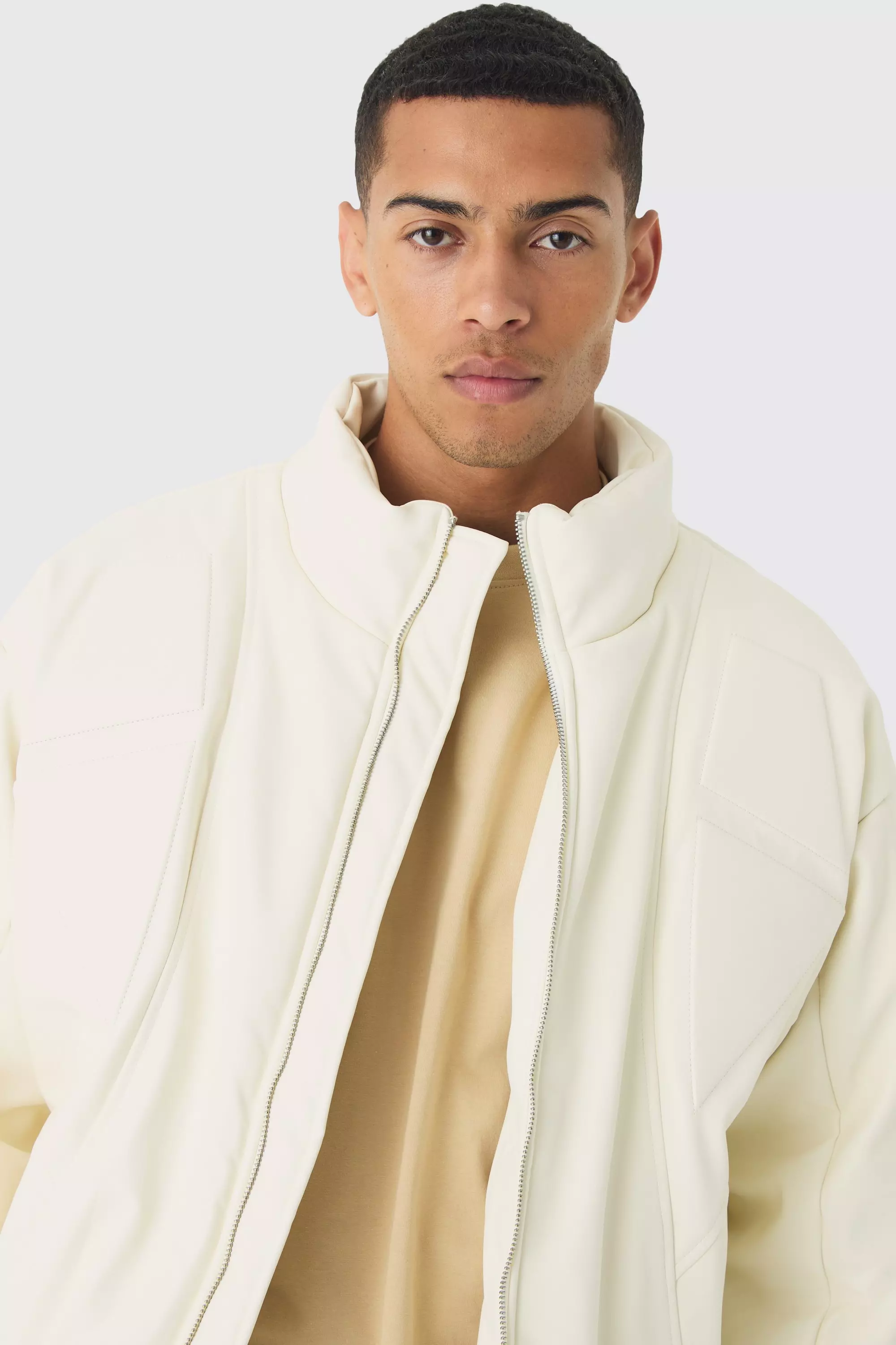 Boxy Padded Moto Panelled Jacket In Ecru alternative image