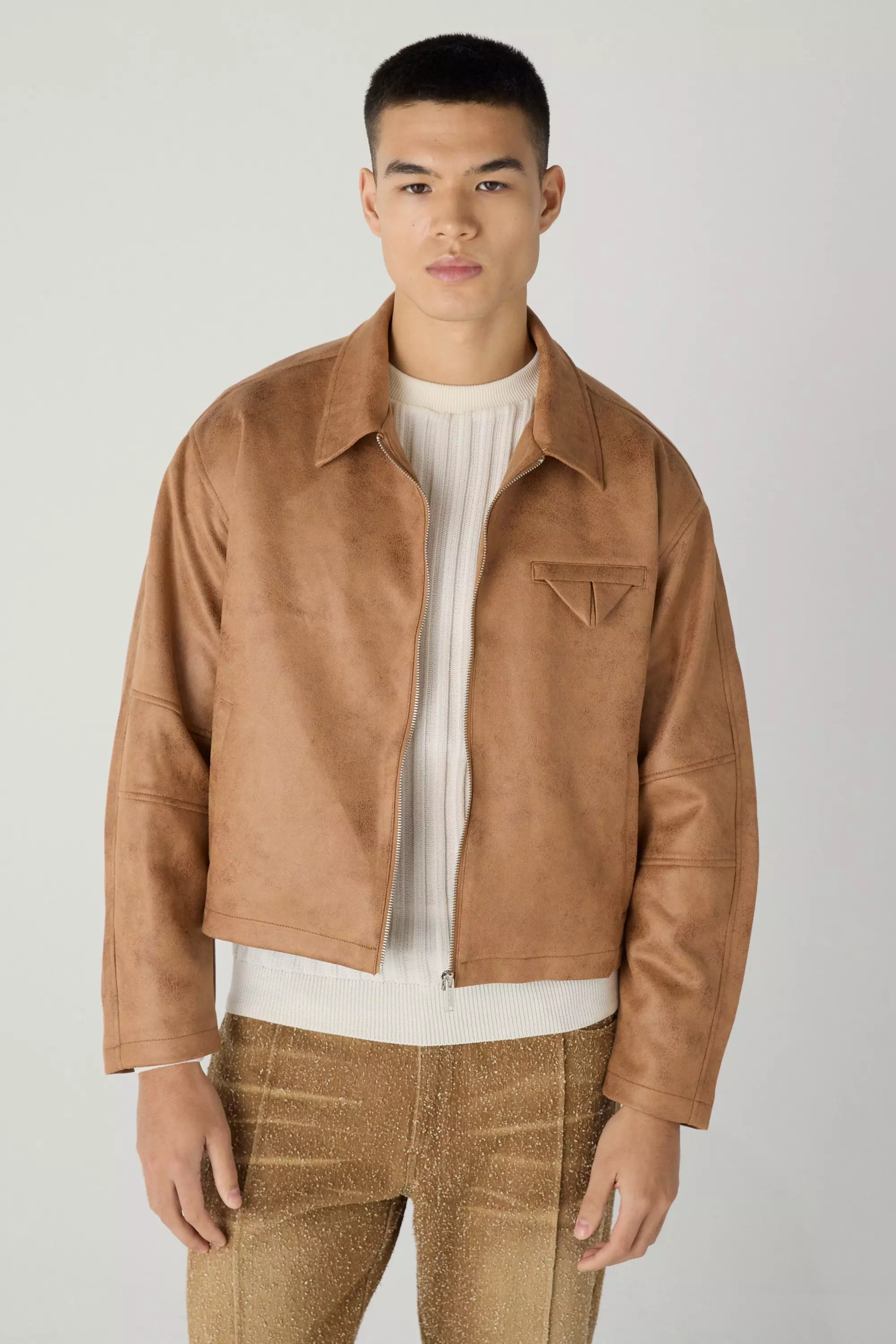 Brown Boxy Washed Collared Harrington Jacket In Brown