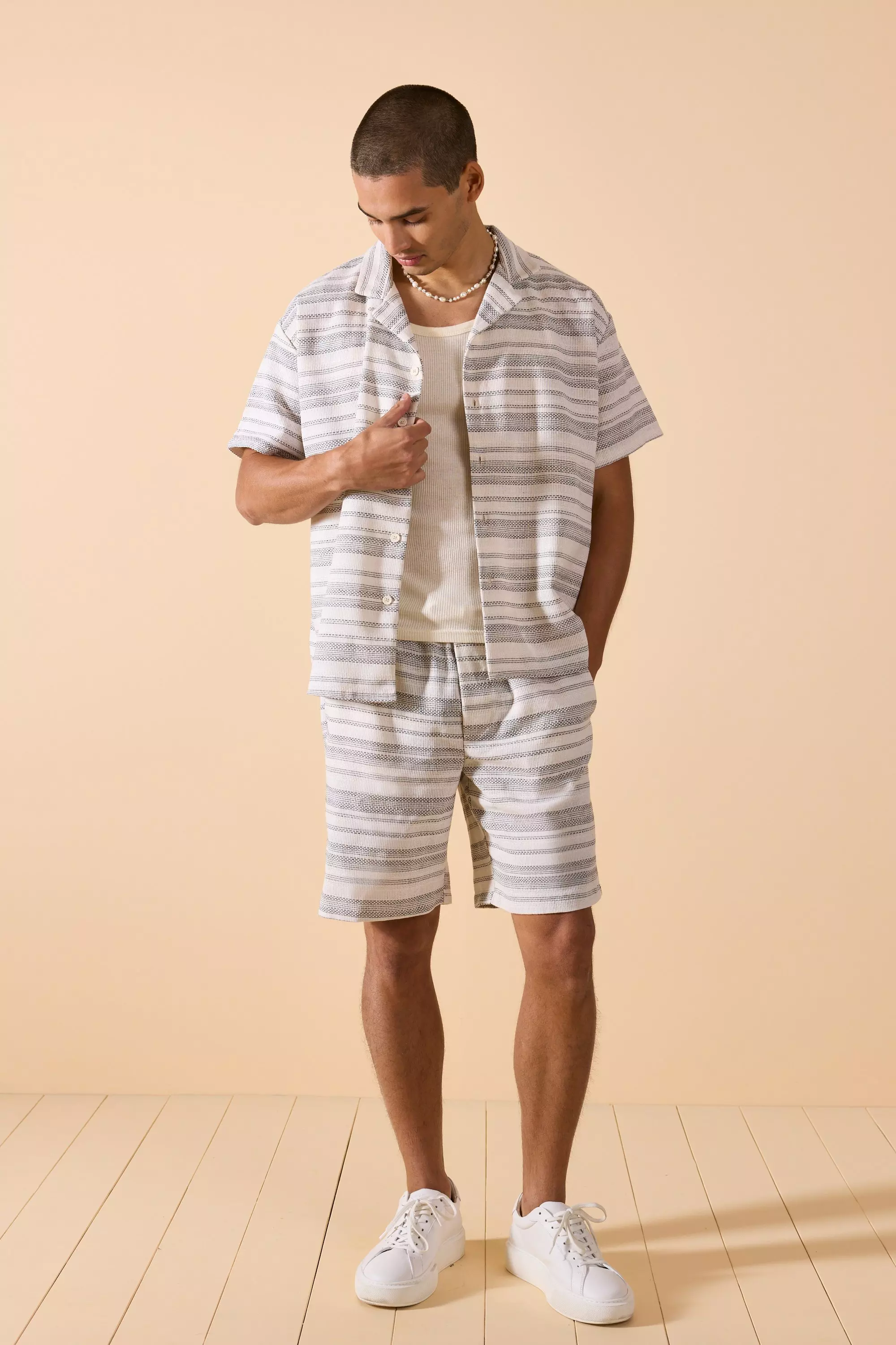 Short Sleeve Boxy Woven Stripe Shirt & Short Black