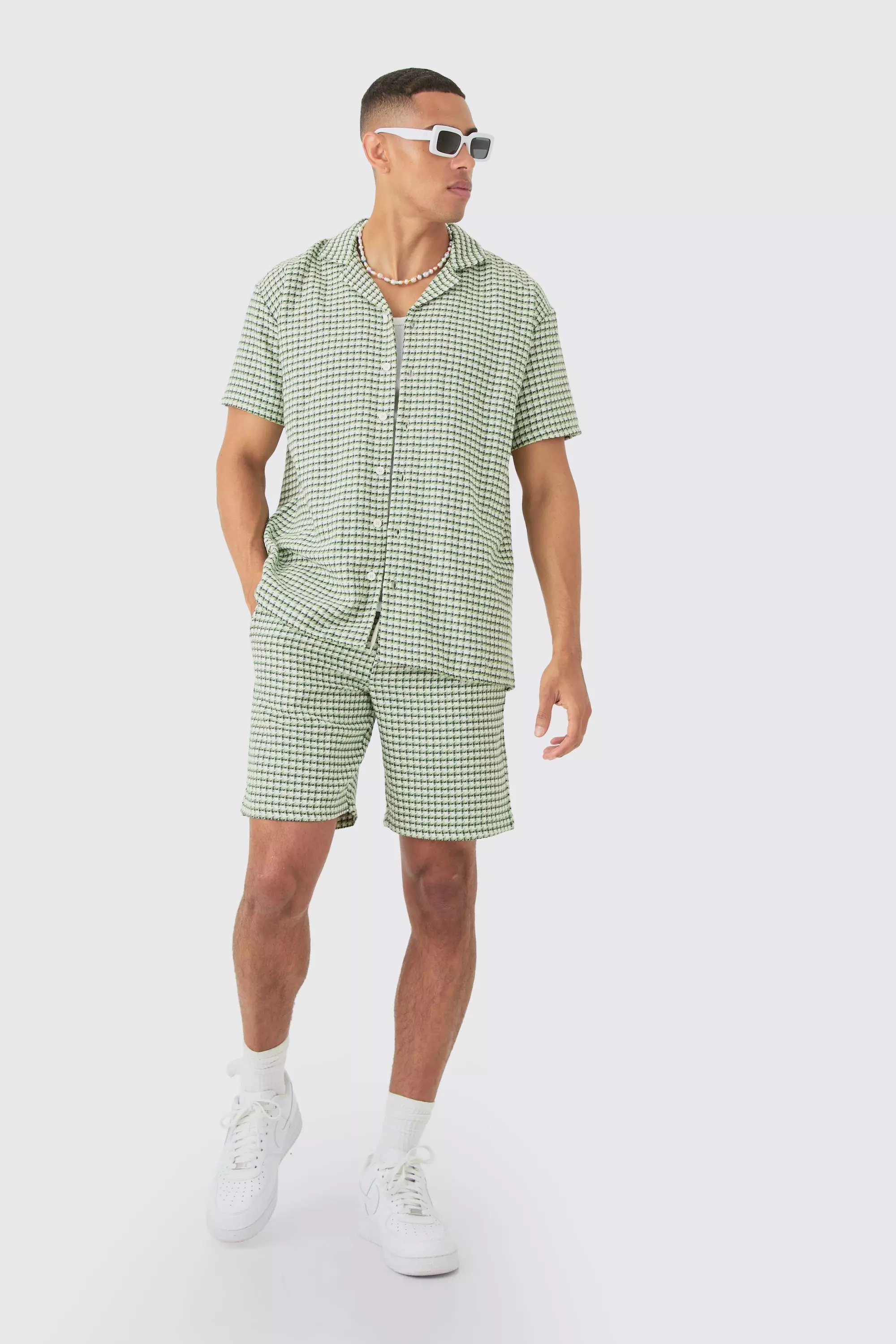 Short Sleeve Mini Houndstooth Oversized Shirt & Short Set Green