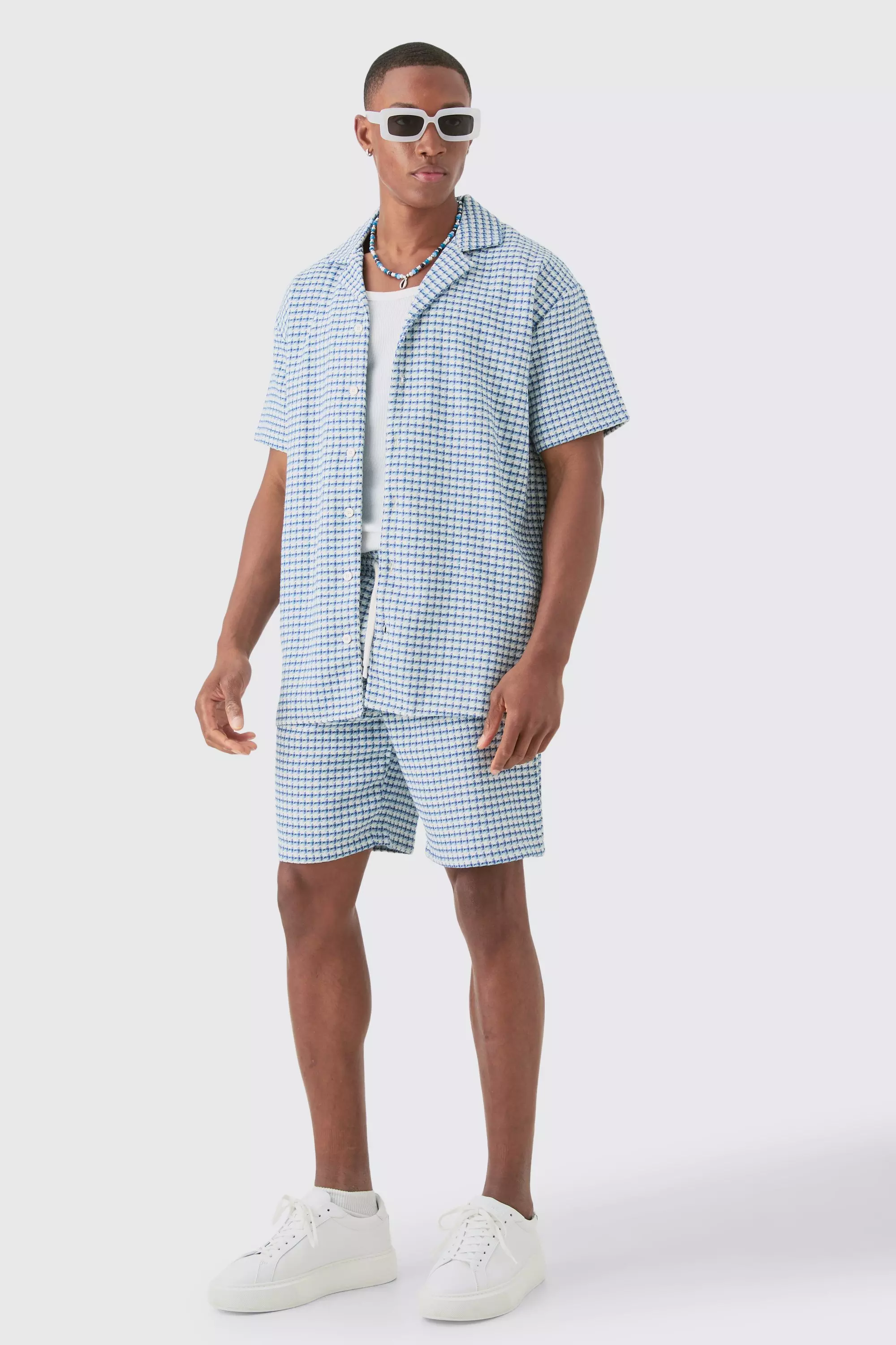 Short Sleeve Mini Houndstooth Oversized Shirt & Short Blue