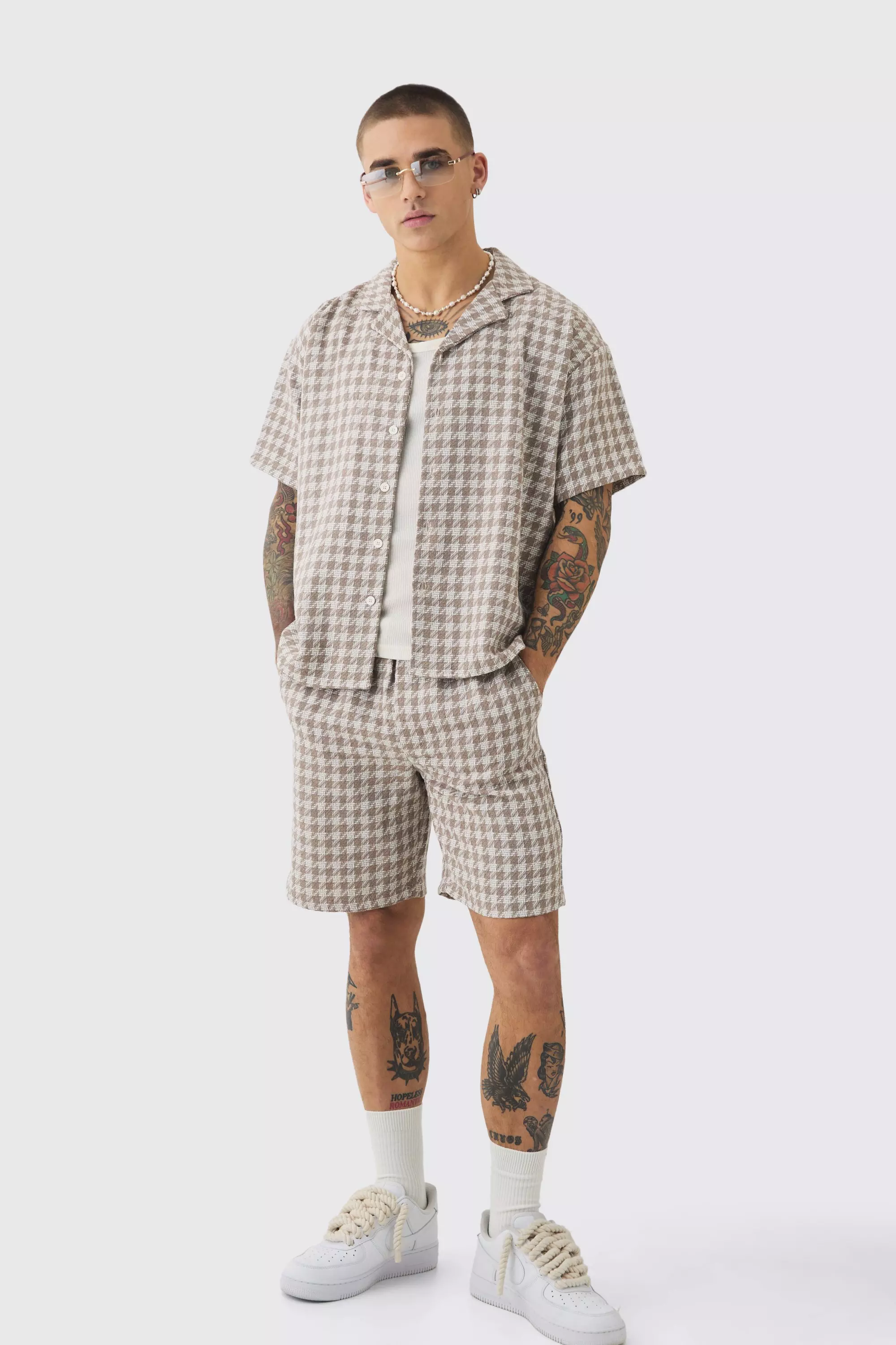 Short Sleeve Boxy Linen Look Houndstooth Shirt & Short Stone