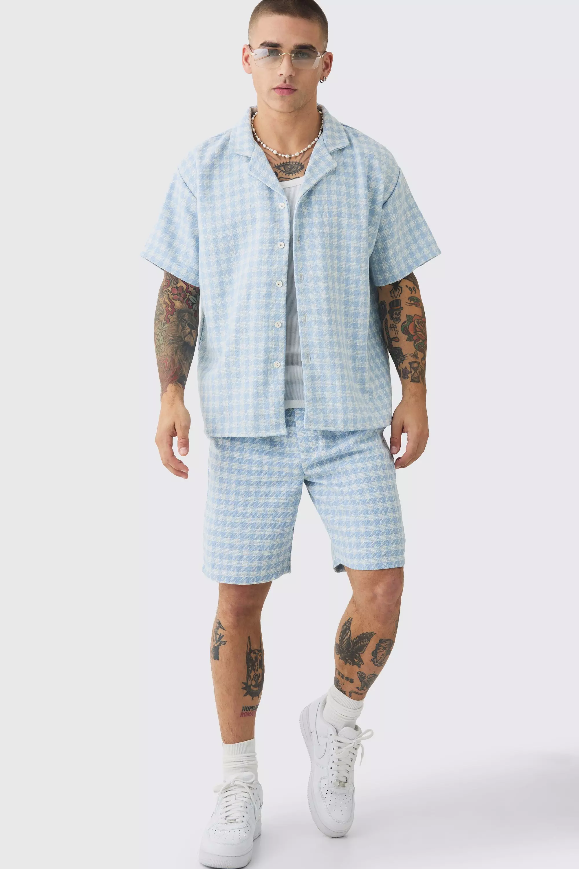 Short Sleeve Boxy Linen Look Houndstooth Shirt & Short Blue