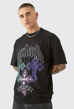Oversized Gothic Cross Print T-shirt Black