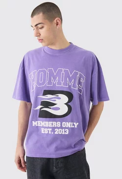 Purple Oversized Washed Homme Moto Print T-shirt