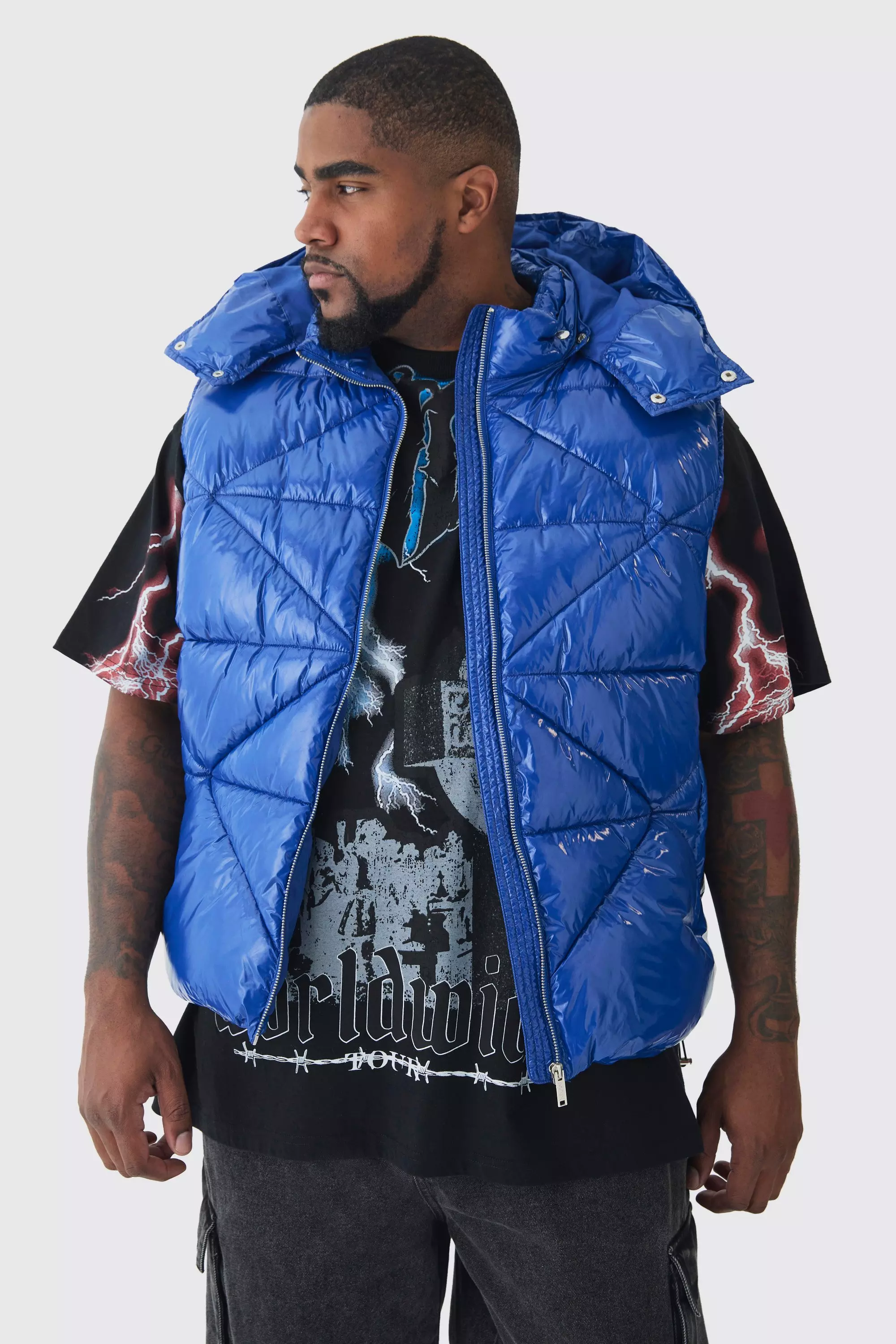 Plus Quilted High Shine Vinyl Hooded Vest In Blue Blue