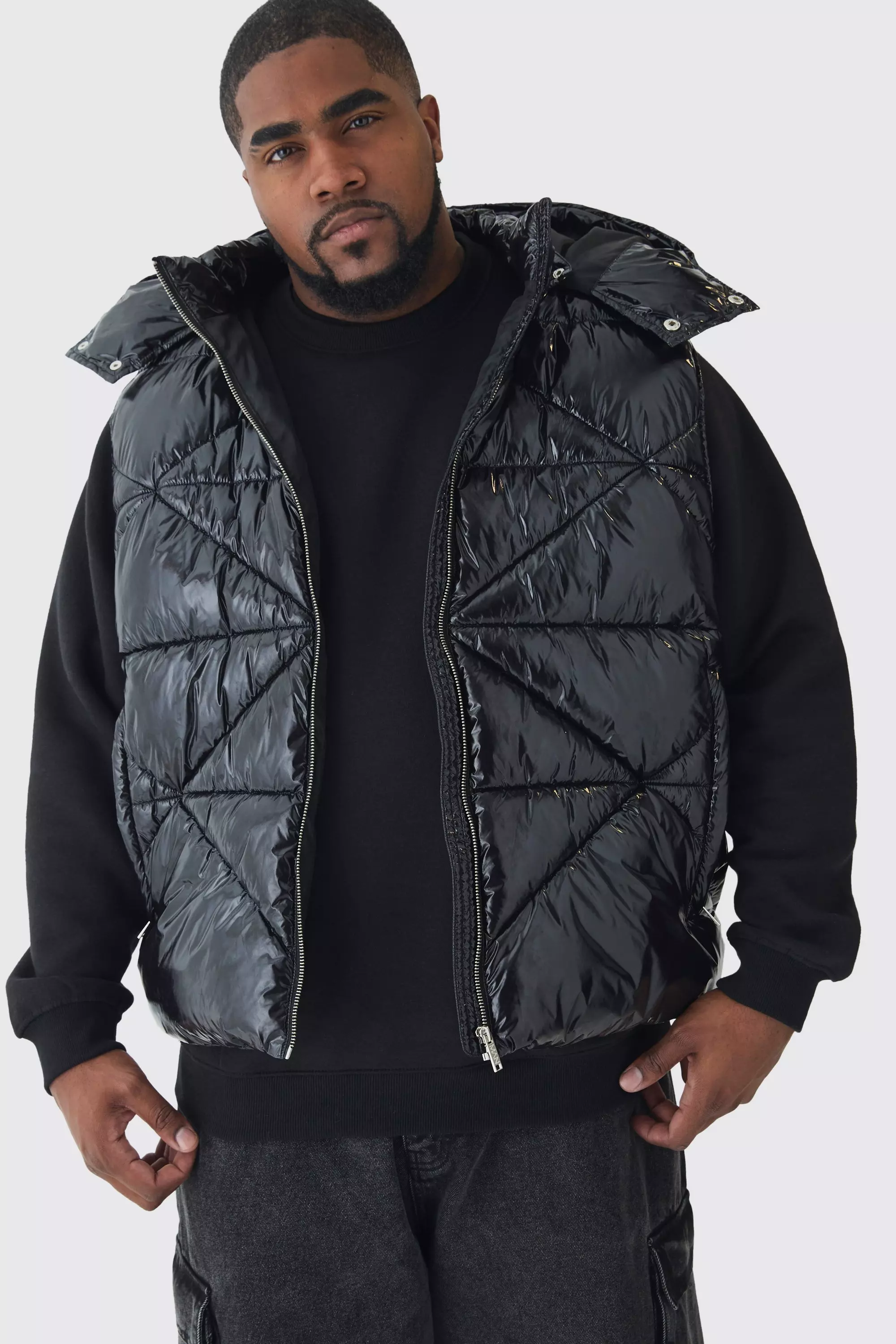 Plus Quilted High Shine Vinyl Hooded Vest In Black Black