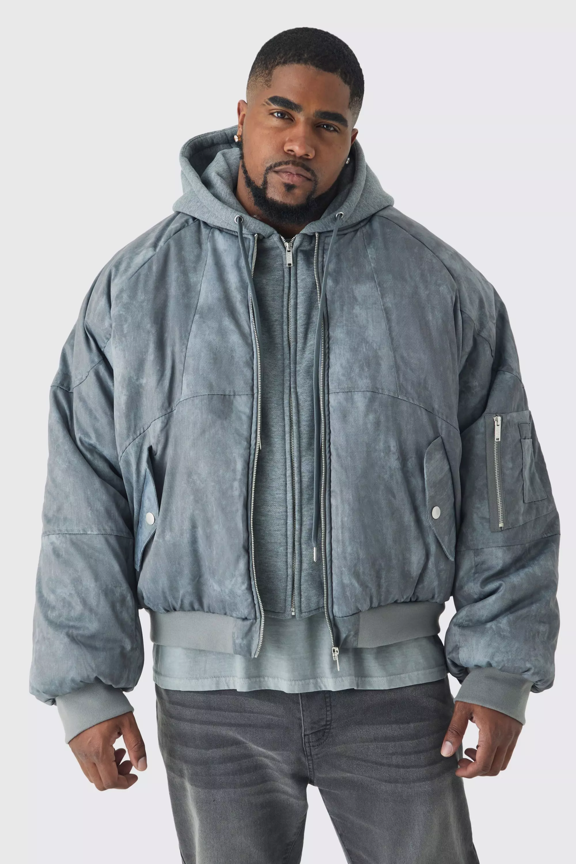 Plus Boxy Washed Padded Hooded Bomber Jacket In Grey Grey