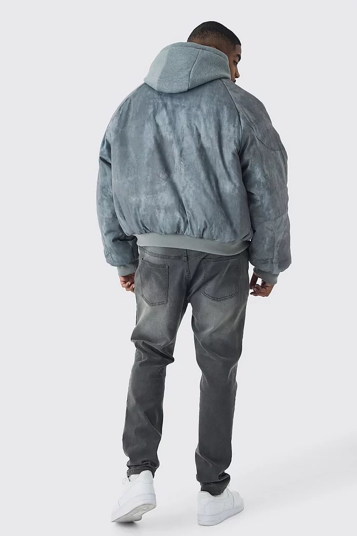Plus Boxy Washed Padded Hooded Bomber Jacket In Grey Plus Boxy Washed Padded Hooded Bomber Jacket In Grey