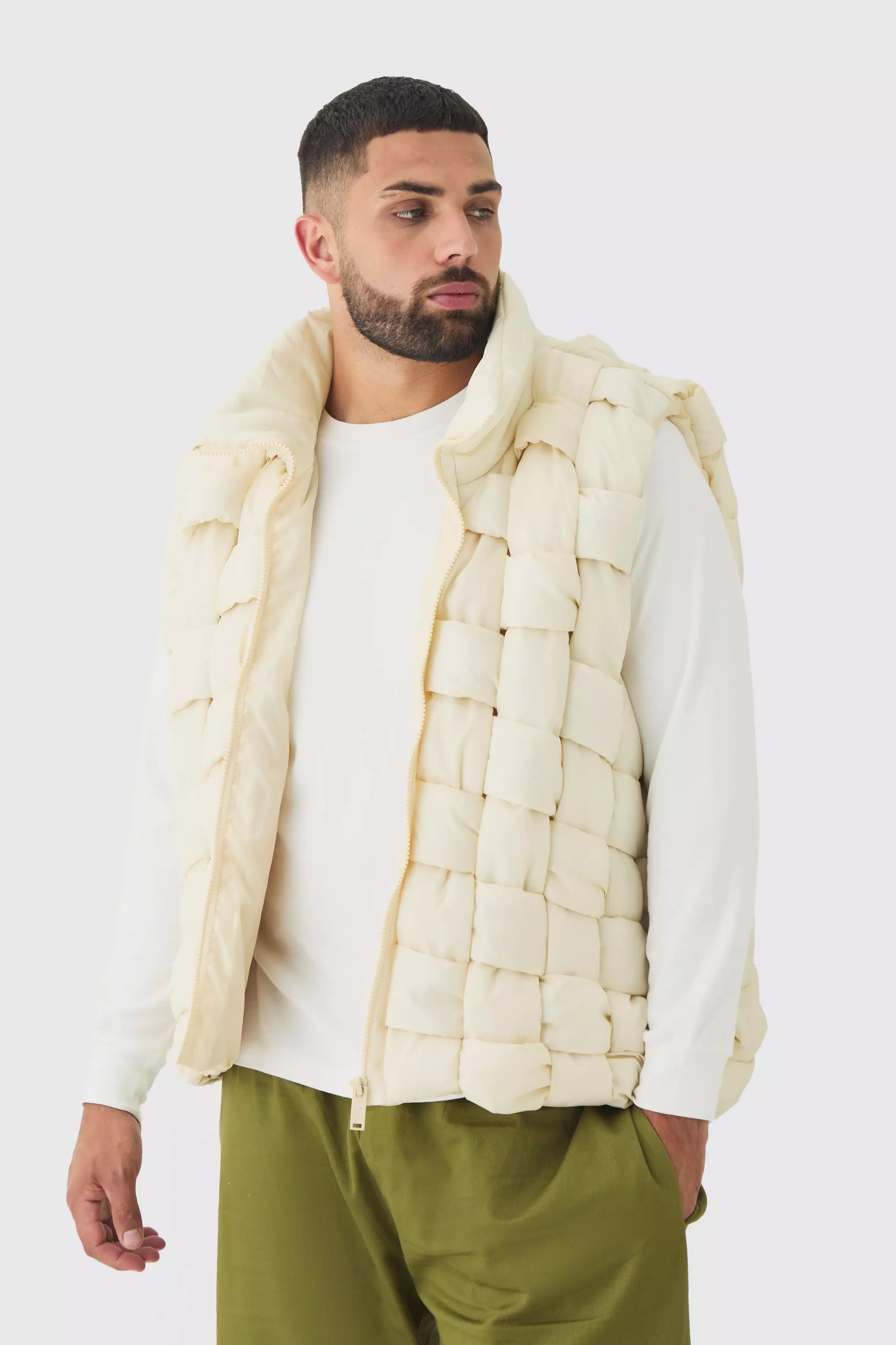 Plus Boxy Fit Hand Weft Padded Vest In Stone Stone