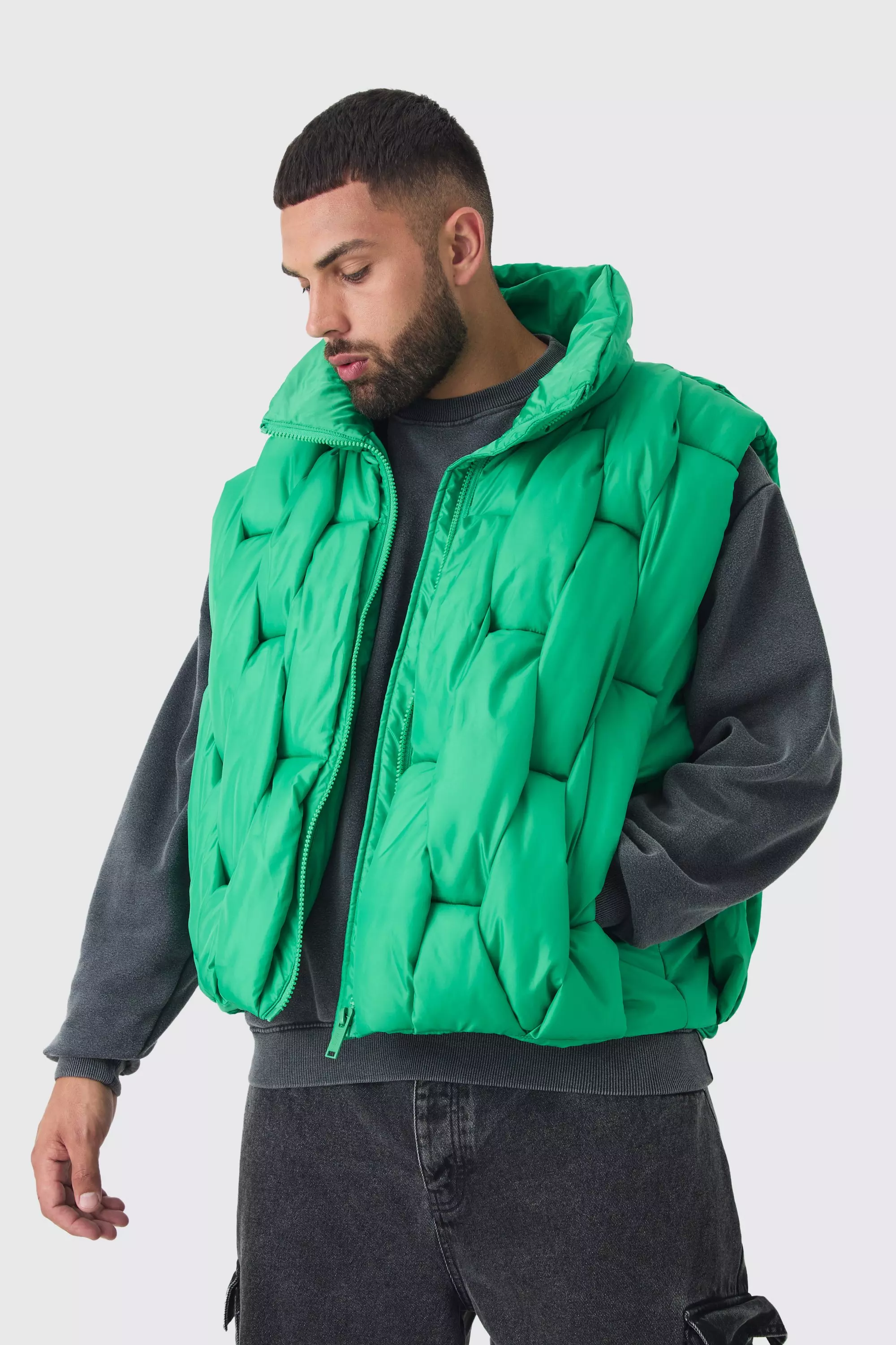 Plus Boxy Fit Hand Weft Padded Vest In Green Green